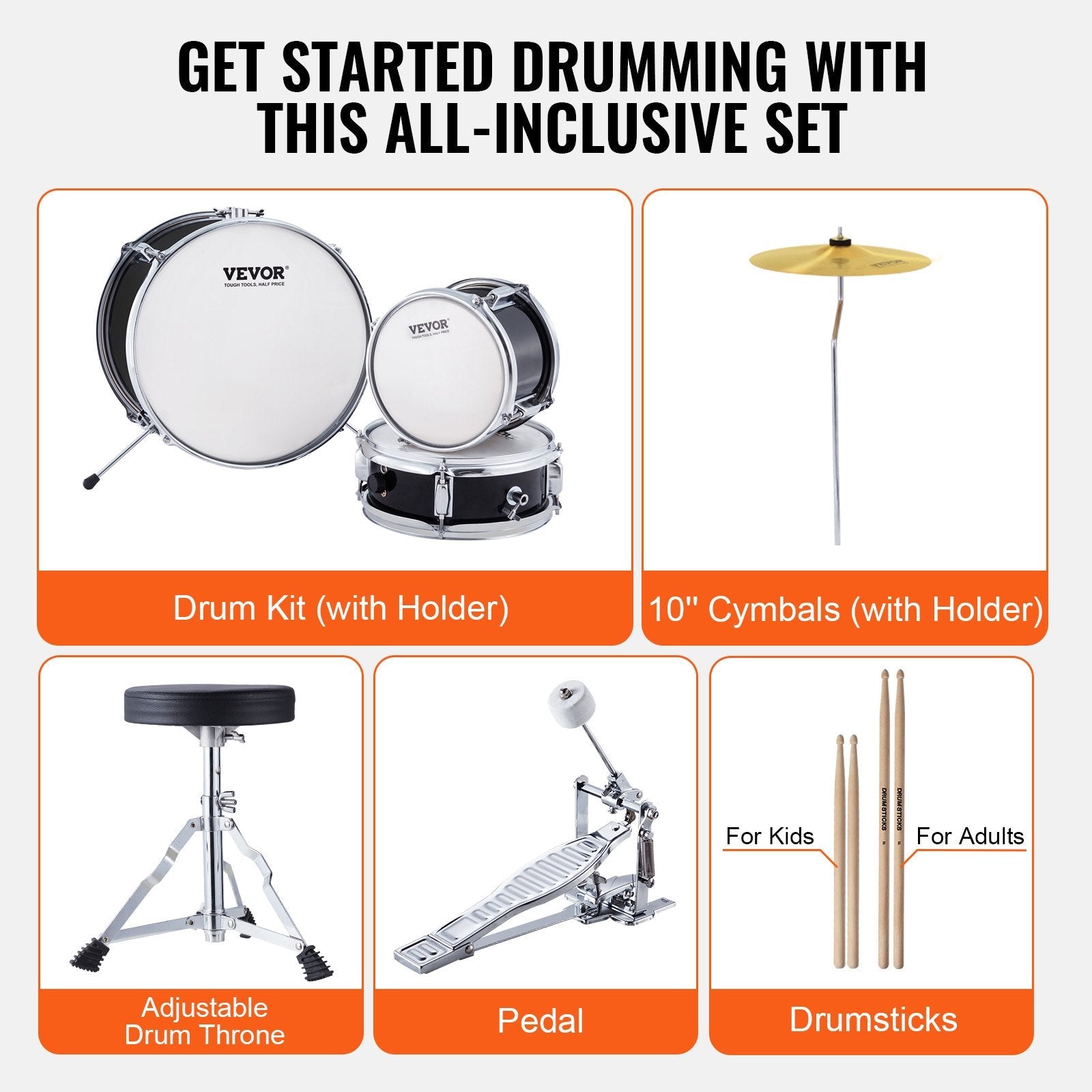 VEVOR Kids Drum Set, 3-Piece, 14 in Beginner Drum Set with Adjustable Throne Cymbal Pedal Two Pairs of Drumsticks, 8'' Tom Drum 10'' Snare Drum 14'' Bass Drum, Starter Drum Kit for Child Kids, Black 
