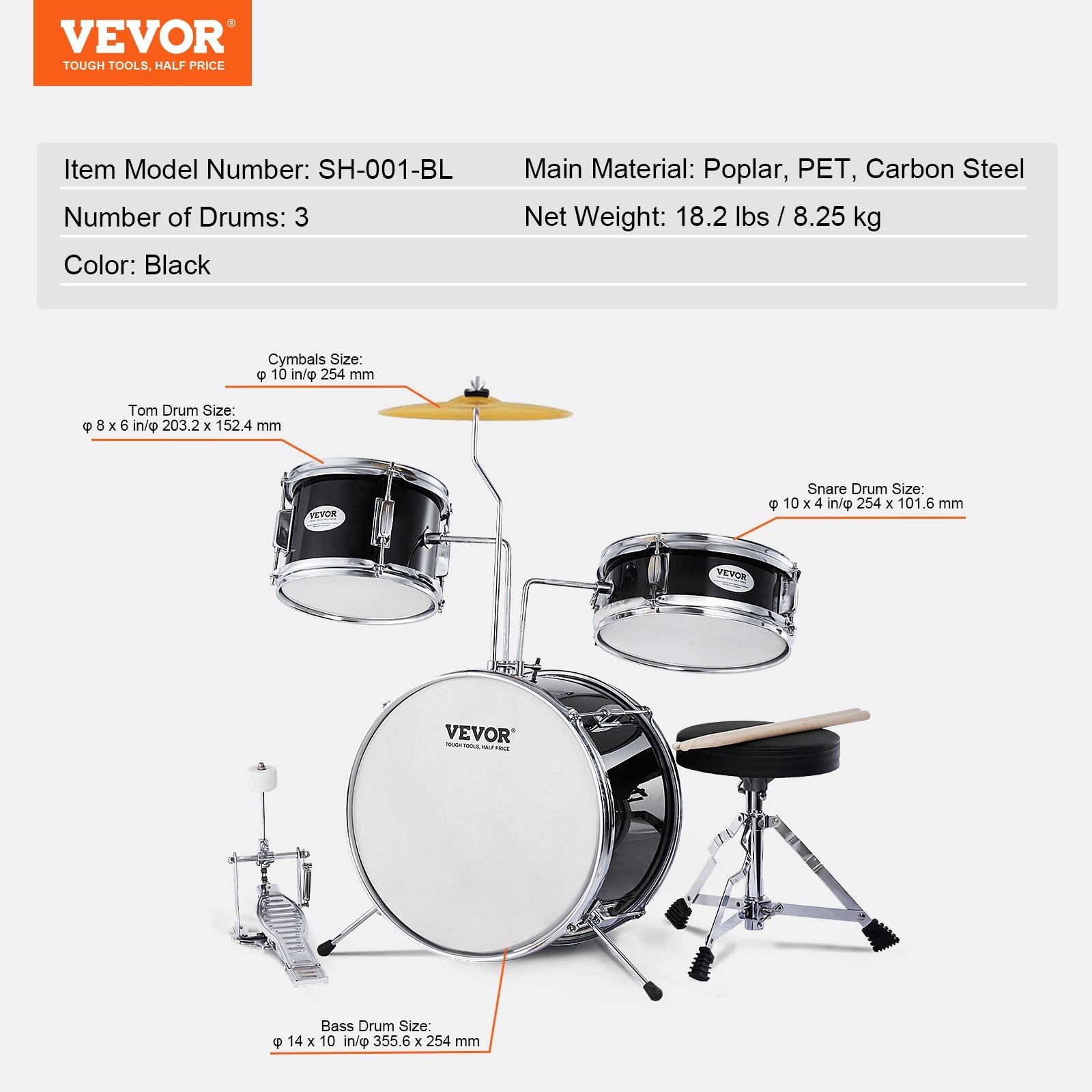 VEVOR Kids Drum Set, 3-Piece, 14 in Beginner Drum Set with Adjustable Throne Cymbal Pedal Two Pairs of Drumsticks, 8'' Tom Drum 10'' Snare Drum 14'' Bass Drum, Starter Drum Kit for Child Kids, Black 