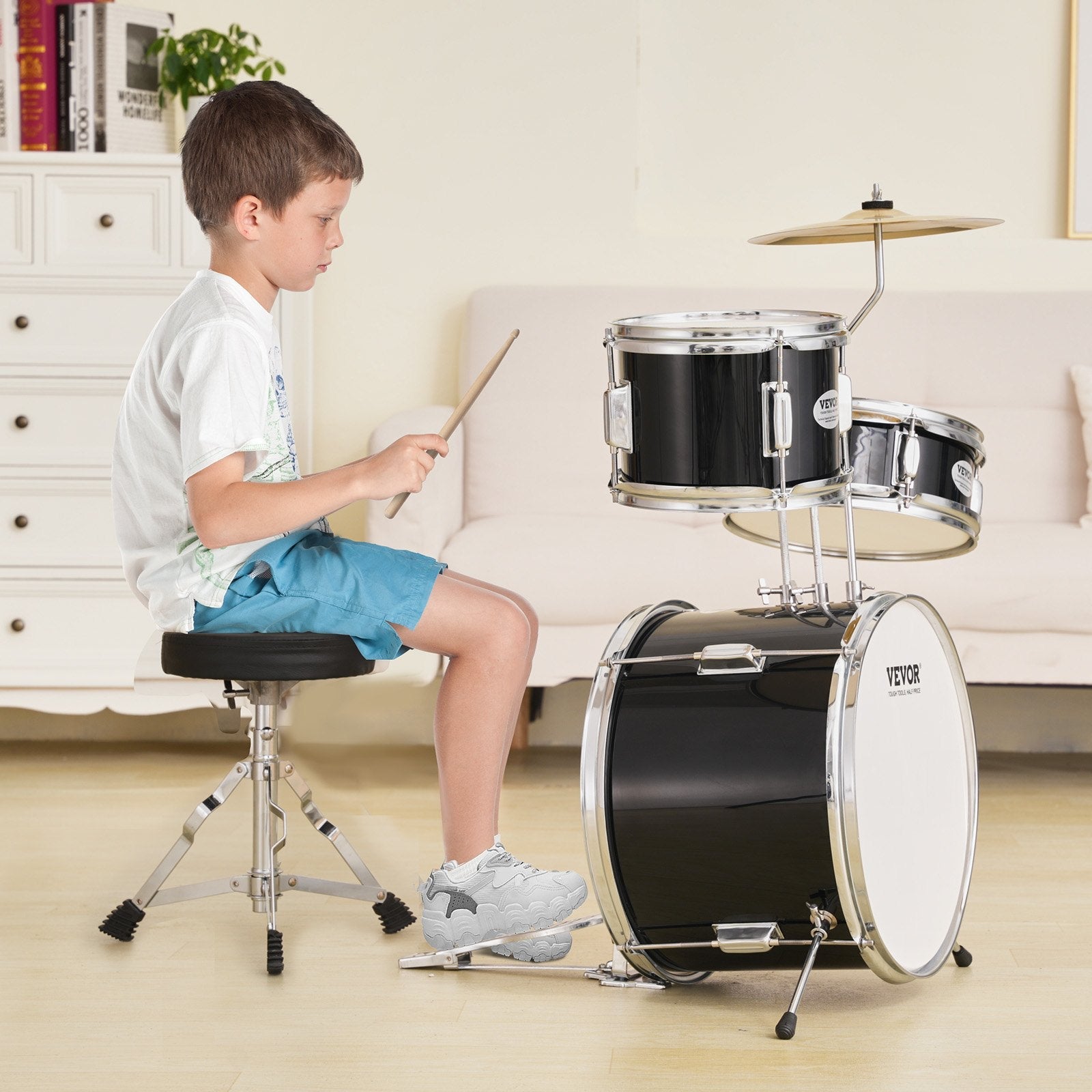 VEVOR Kids Drum Set, 3-Piece, 14 in Beginner Drum Set with Adjustable Throne Cymbal Pedal Two Pairs of Drumsticks, 8'' Tom Drum 10'' Snare Drum 14'' Bass Drum, Starter Drum Kit for Child Kids, Black 
