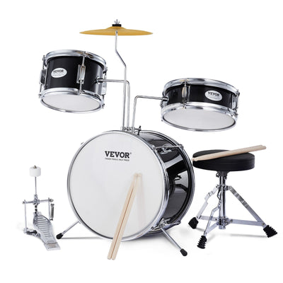 VEVOR Kids Drum Set, 3-Piece, 14 in Beginner Drum Set with Adjustable Throne Cymbal Pedal Two Pairs of Drumsticks, 8'' Tom Drum 10'' Snare Drum 14'' Bass Drum, Starter Drum Kit for Child Kids, Black 