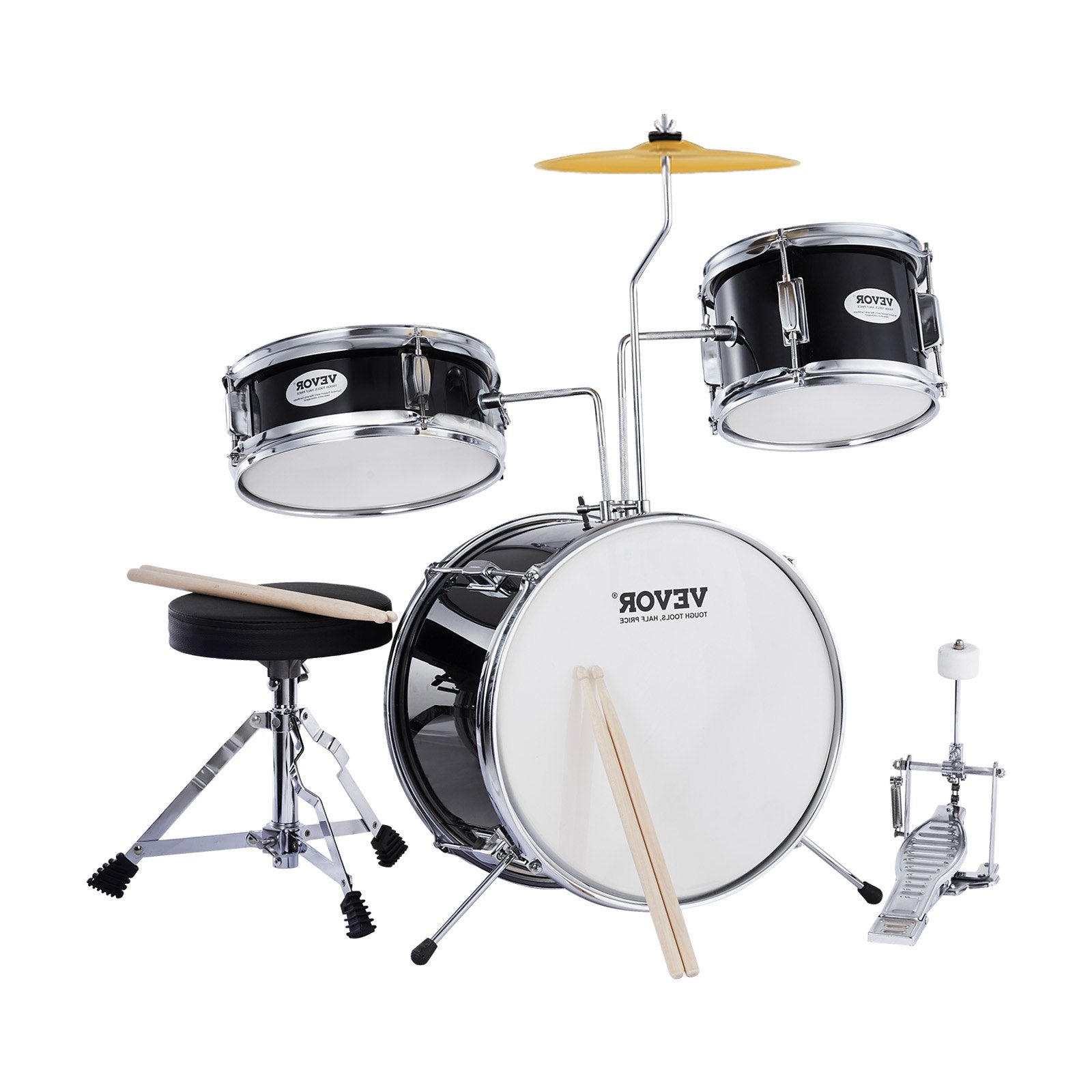 VEVOR Kids Drum Set, 3-Piece, 14 in Beginner Drum Set with Adjustable Throne Cymbal Pedal Two Pairs of Drumsticks, 8'' Tom Drum 10'' Snare Drum 14'' Bass Drum, Starter Drum Kit for Child Kids, Black 