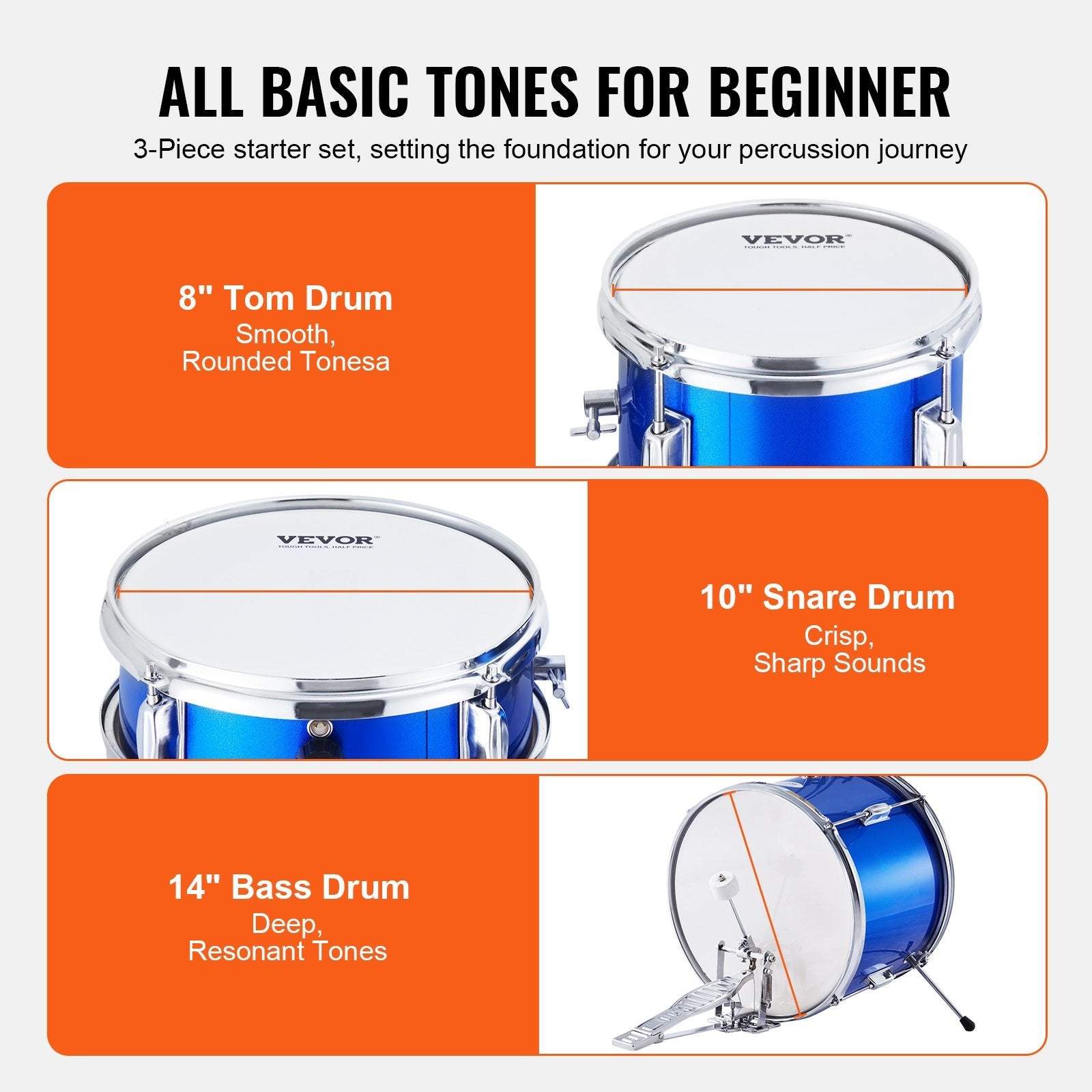 VEVOR Kids Drum Set, 3-Piece, 14 in Beginner Drum Set with Adjustable Throne Cymbal Pedal Two Pairs of Drumsticks, 8'' Tom Drum 10'' Snare Drum 14'' Bass Drum, Starter Drum Kit for Child Kids, Blue 