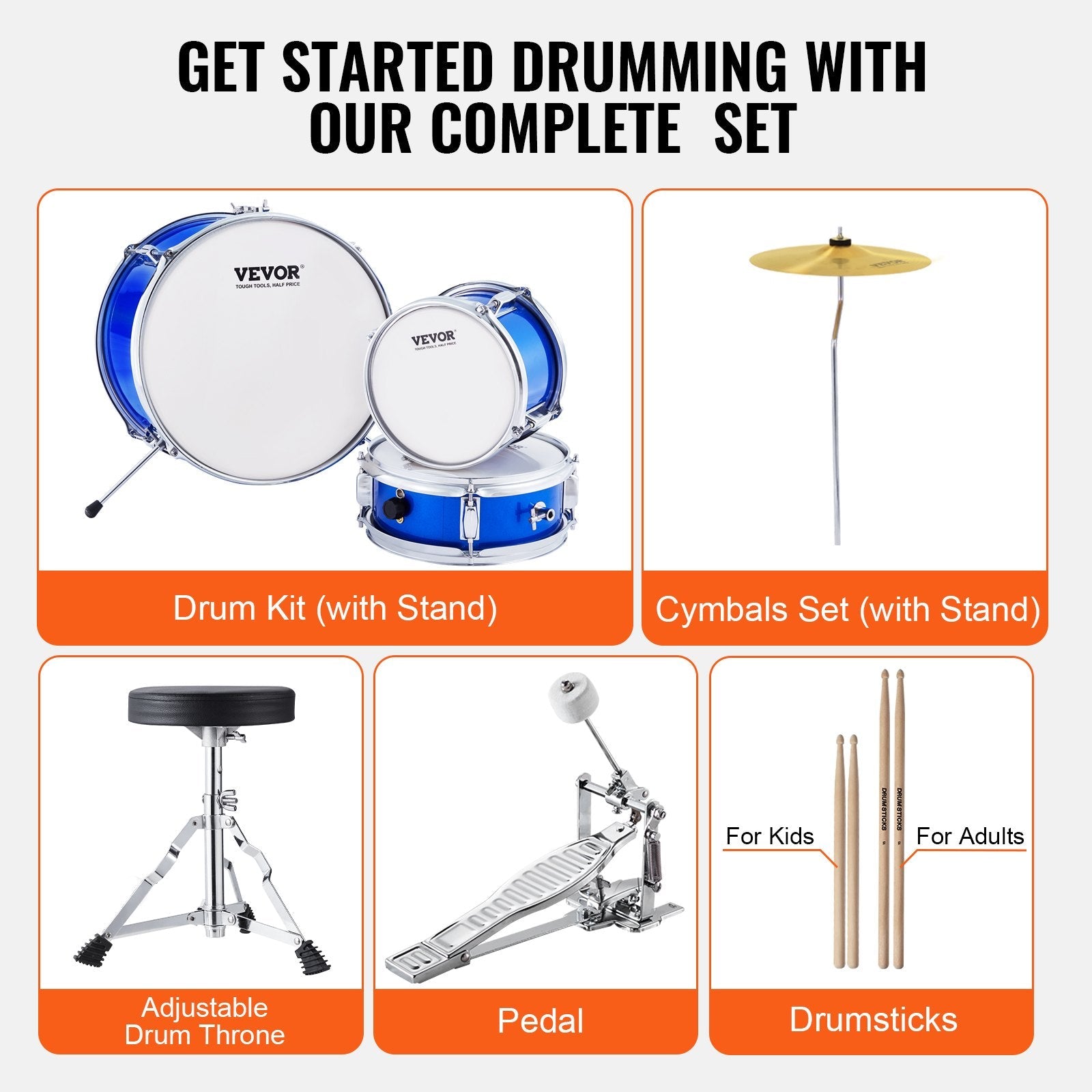 VEVOR Kids Drum Set, 3-Piece, 14 in Beginner Drum Set with Adjustable Throne Cymbal Pedal Two Pairs of Drumsticks, 8'' Tom Drum 10'' Snare Drum 14'' Bass Drum, Starter Drum Kit for Child Kids, Blue 