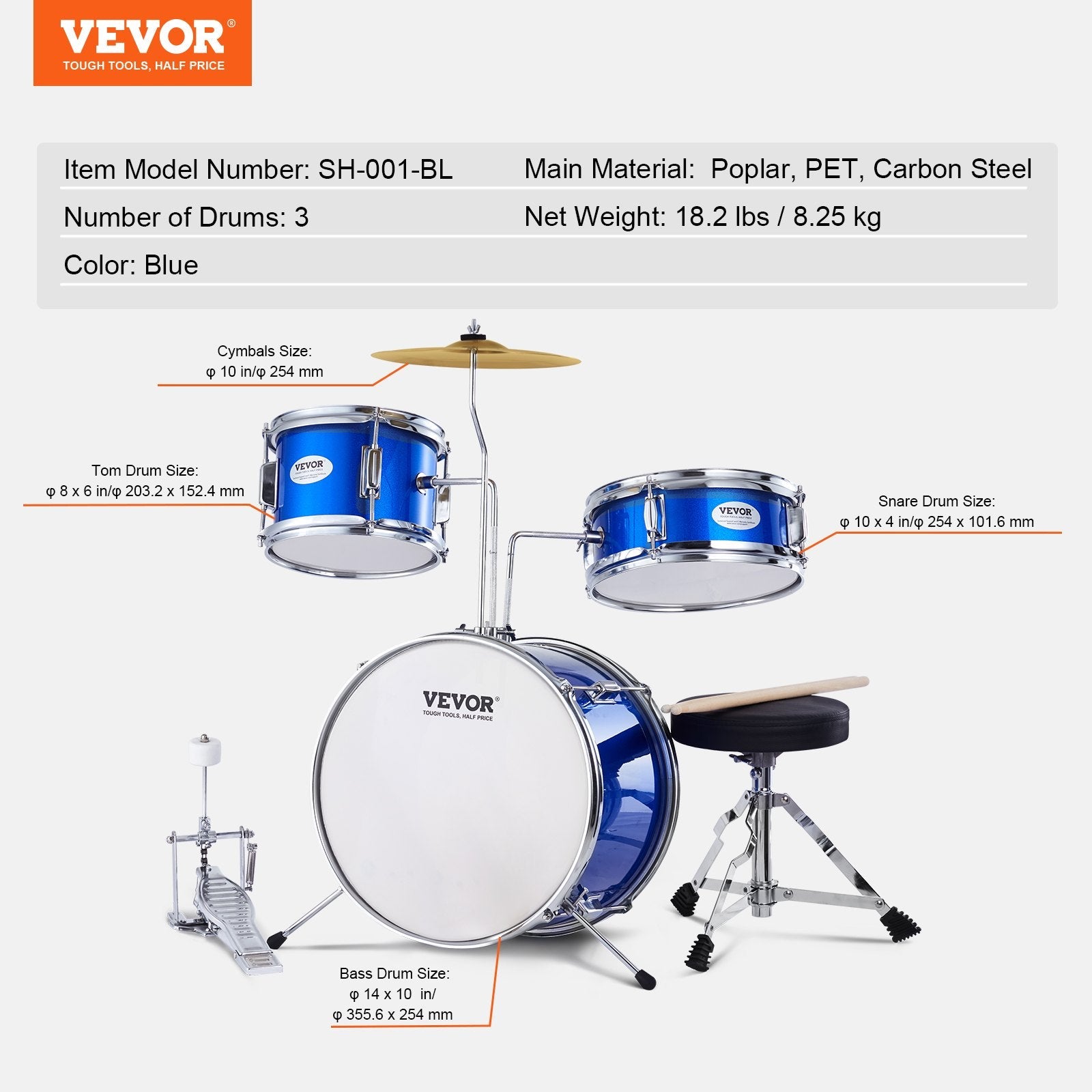 VEVOR Kids Drum Set, 3-Piece, 14 in Beginner Drum Set with Adjustable Throne Cymbal Pedal Two Pairs of Drumsticks, 8'' Tom Drum 10'' Snare Drum 14'' Bass Drum, Starter Drum Kit for Child Kids, Blue 