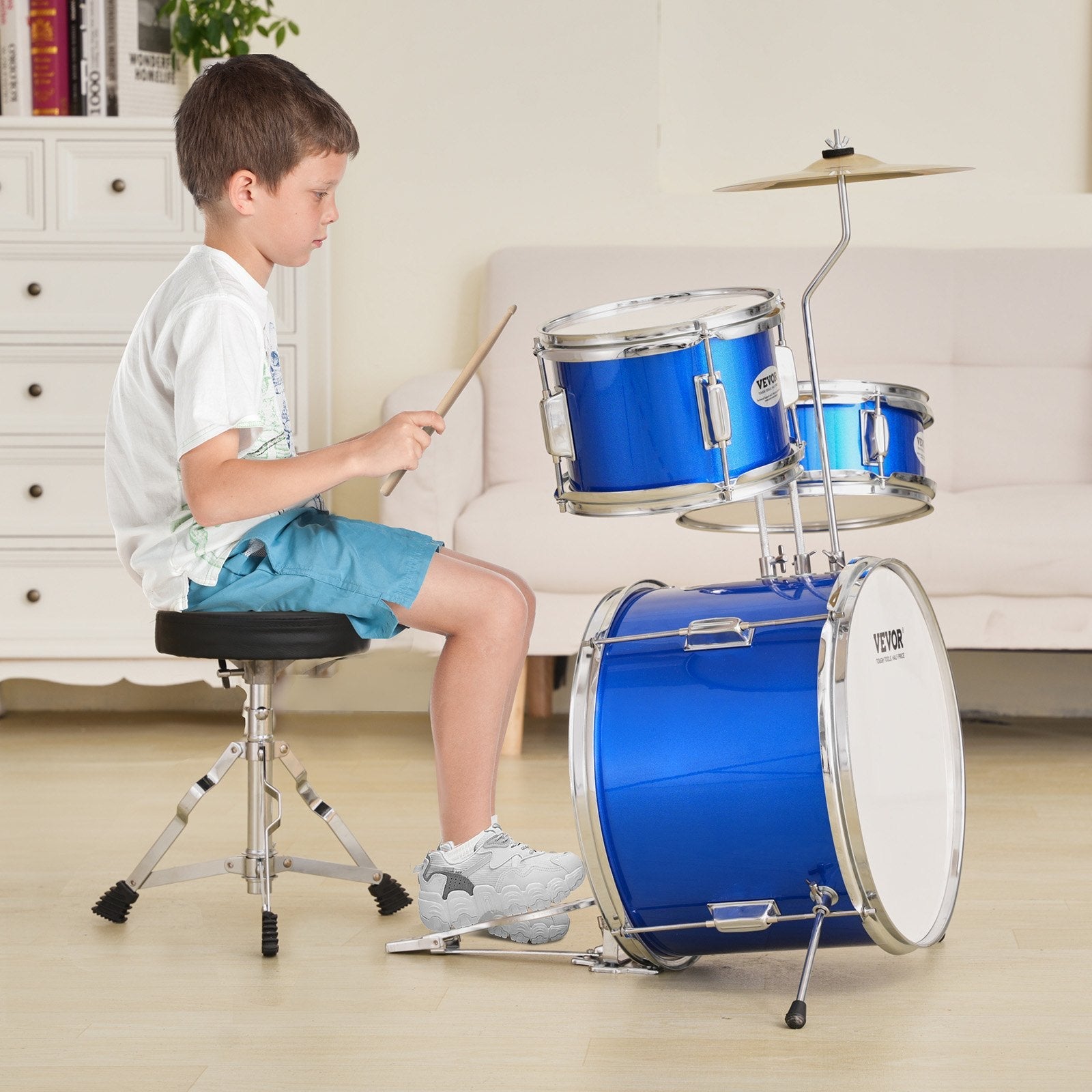 VEVOR Kids Drum Set, 3-Piece, 14 in Beginner Drum Set with Adjustable Throne Cymbal Pedal Two Pairs of Drumsticks, 8'' Tom Drum 10'' Snare Drum 14'' Bass Drum, Starter Drum Kit for Child Kids, Blue 
