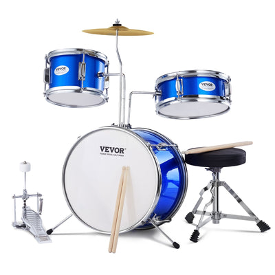 VEVOR Kids Drum Set, 3-Piece, 14 in Beginner Drum Set with Adjustable Throne Cymbal Pedal Two Pairs of Drumsticks, 8'' Tom Drum 10'' Snare Drum 14'' Bass Drum, Starter Drum Kit for Child Kids, Blue 