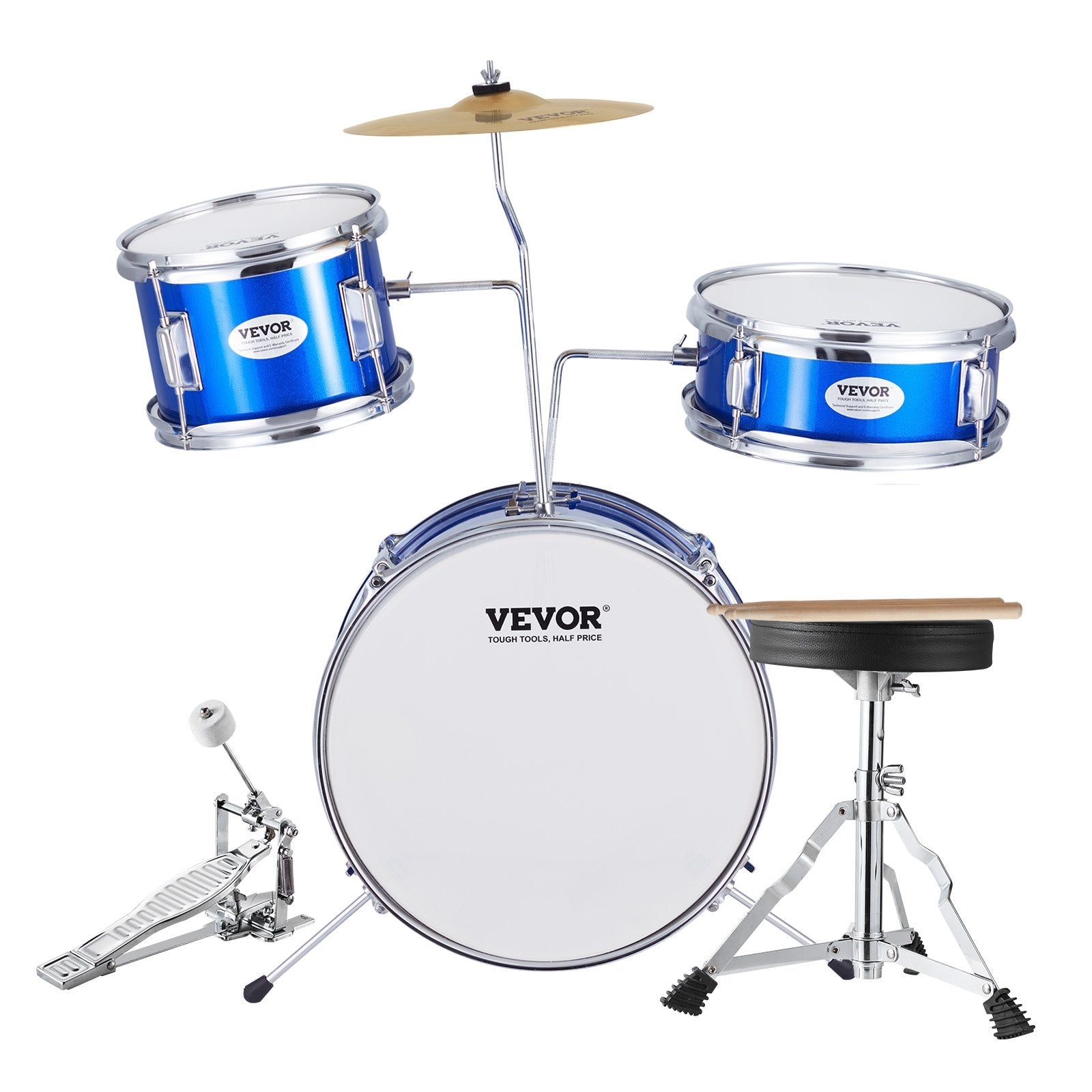 VEVOR Kids Drum Set, 3-Piece, 14 in Beginner Drum Set with Adjustable Throne Cymbal Pedal Two Pairs of Drumsticks, 8'' Tom Drum 10'' Snare Drum 14'' Bass Drum, Starter Drum Kit for Child Kids, Blue 