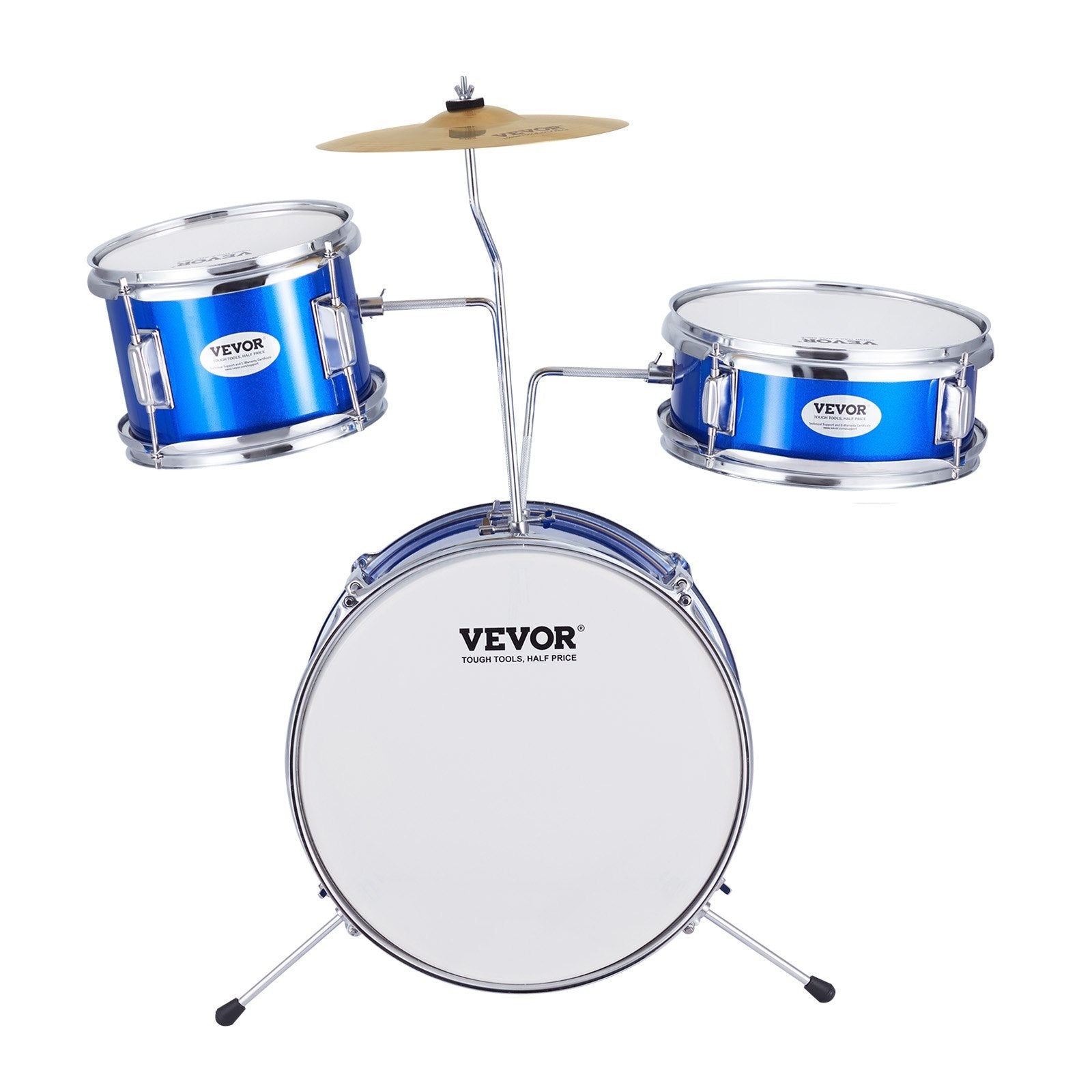 VEVOR Kids Drum Set, 3-Piece, 14 in Beginner Drum Set with Adjustable Throne Cymbal Pedal Two Pairs of Drumsticks, 8'' Tom Drum 10'' Snare Drum 14'' Bass Drum, Starter Drum Kit for Child Kids, Blue 