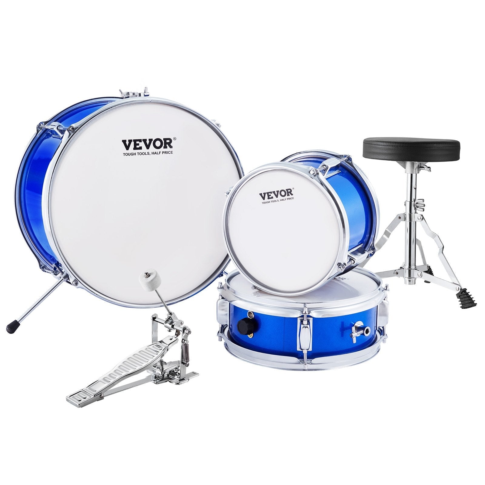 VEVOR Kids Drum Set, 3-Piece, 14 in Beginner Drum Set with Adjustable Throne Cymbal Pedal Two Pairs of Drumsticks, 8'' Tom Drum 10'' Snare Drum 14'' Bass Drum, Starter Drum Kit for Child Kids, Blue 