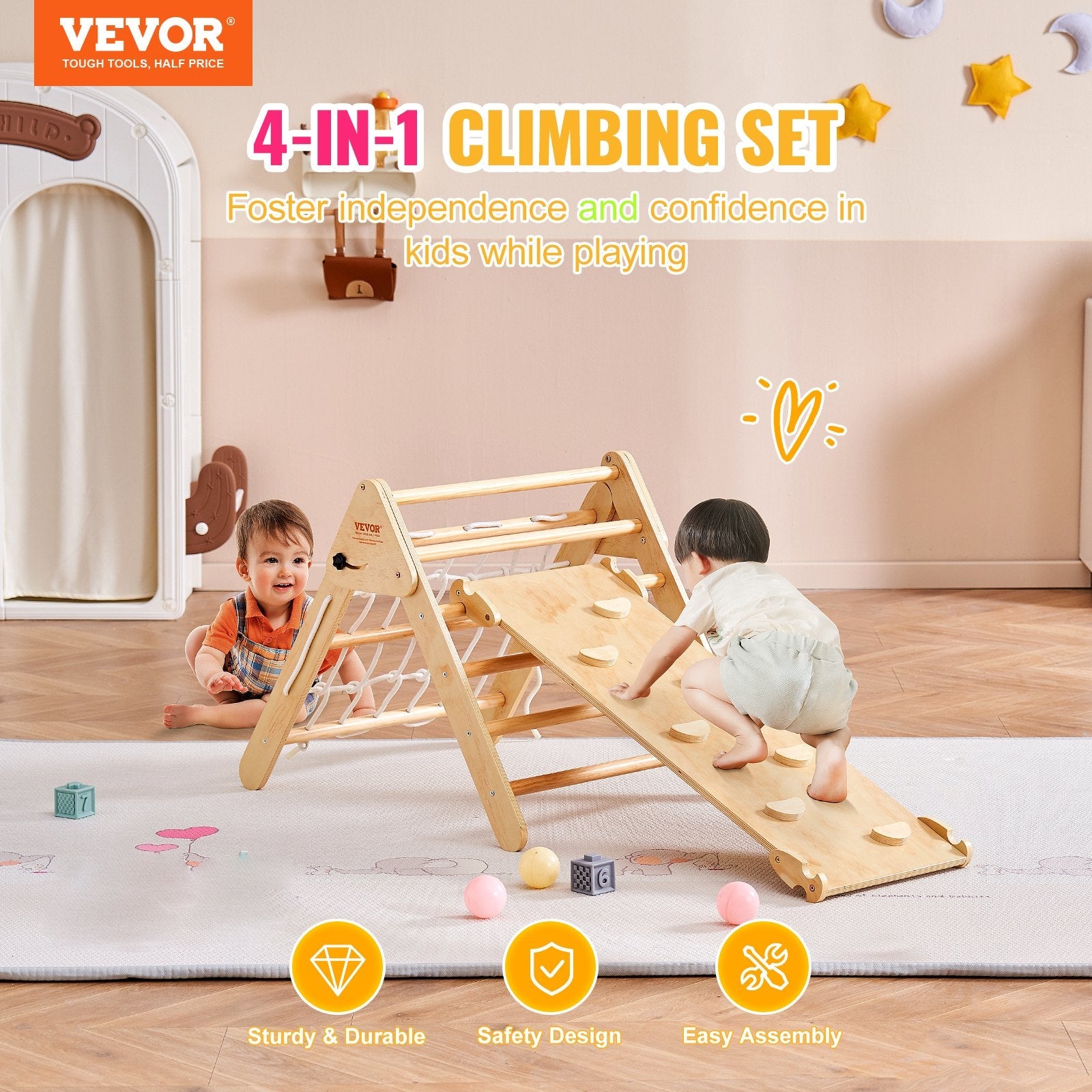 VEVOR Pikler Triangle Set, 4 in 1 Toddler Climbing Toys Indoor Playground, Montessori Climbing Set with Triangle and Ramp, Large Size Wooden Climbing Gym for Toddlers 1-3 Years, Wood Color 