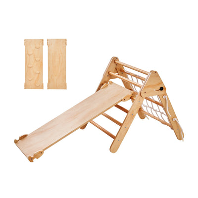 VEVOR Pikler Triangle Set, 4 in 1 Toddler Climbing Toys Indoor Playground, Montessori Climbing Set with Triangle and Ramp, Large Size Wooden Climbing Gym for Toddlers 1-3 Years, Wood Color 