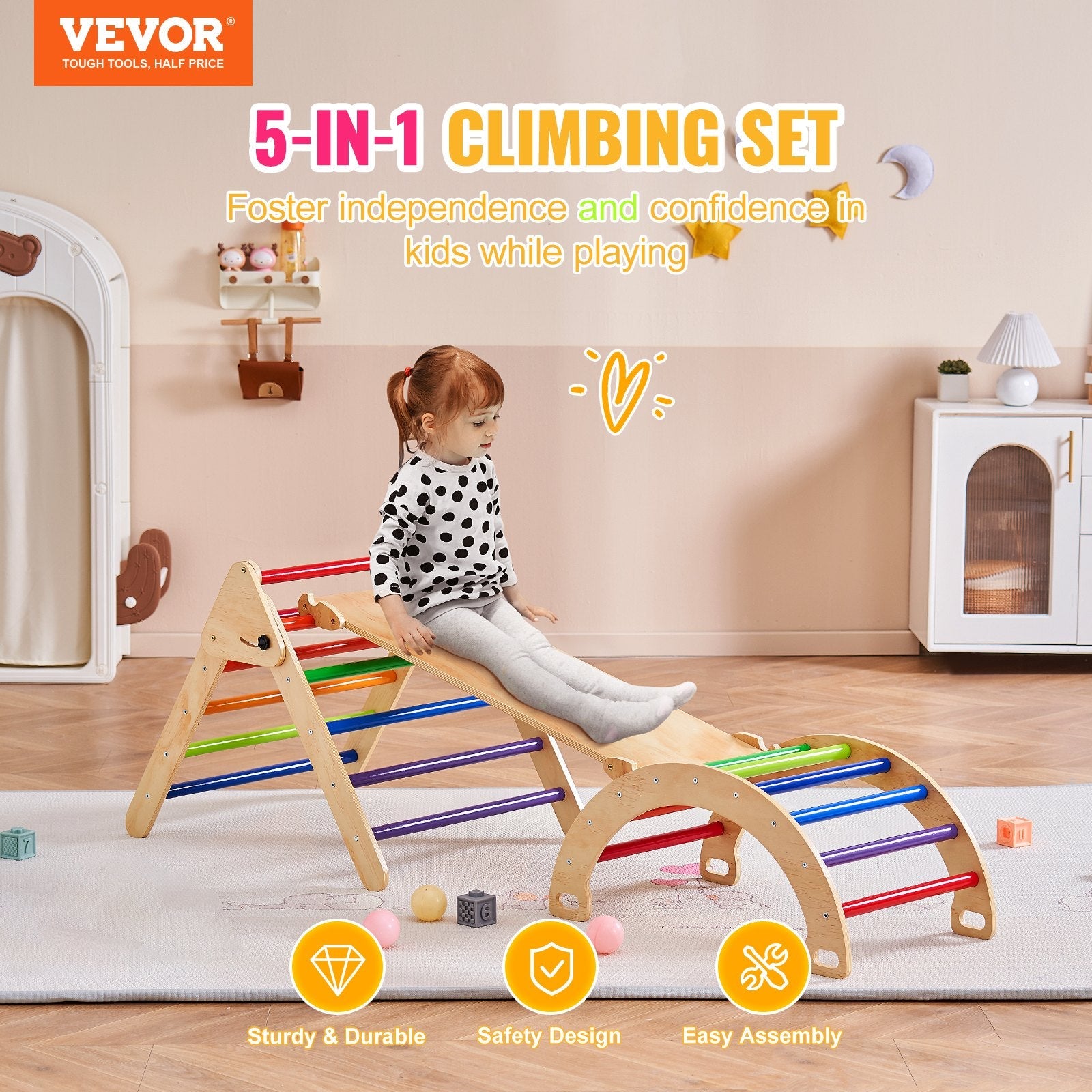 VEVOR Pikler Triangle Set 5in1 Montessori Climbing Toys Toddlers Large Colorful 