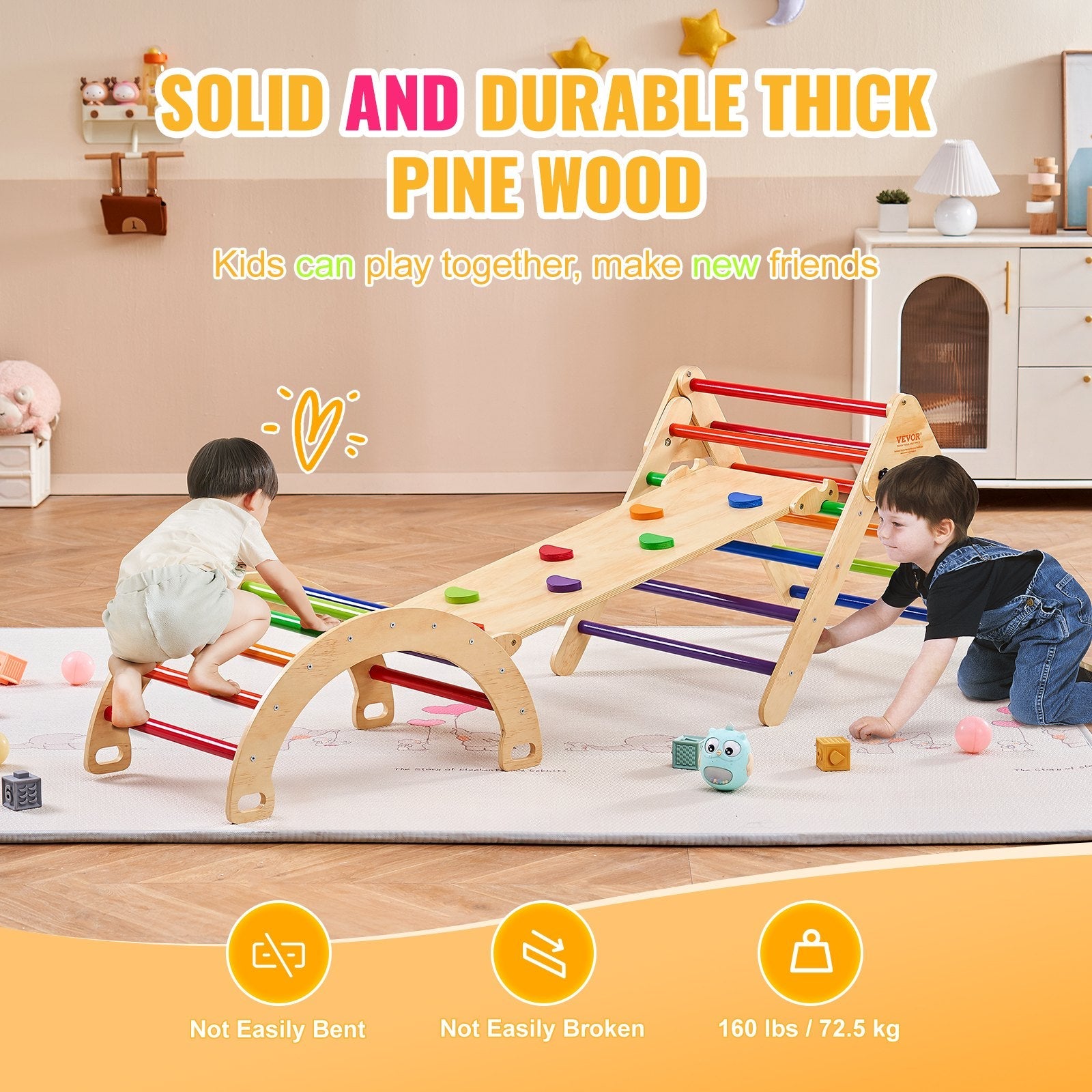 VEVOR Pikler Triangle Set 5in1 Montessori Climbing Toys Toddlers Large Colorful 