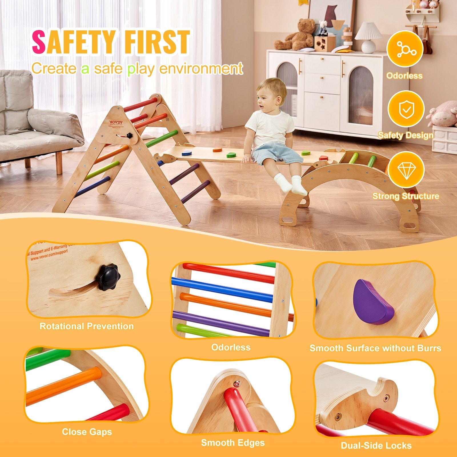 VEVOR Pikler Triangle Set 5in1 Montessori Climbing Toys Toddlers Large Colorful 