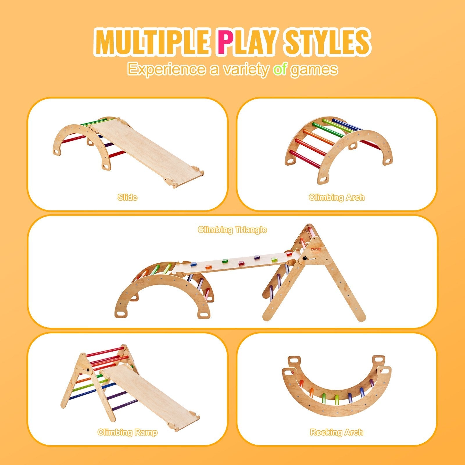 VEVOR Pikler Triangle Set 5in1 Montessori Climbing Toys Toddlers Large Colorful 