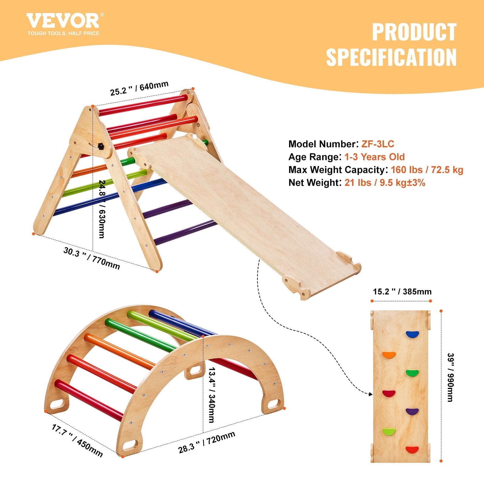 VEVOR Pikler Triangle Set 5in1 Montessori Climbing Toys Toddlers Large Colorful 