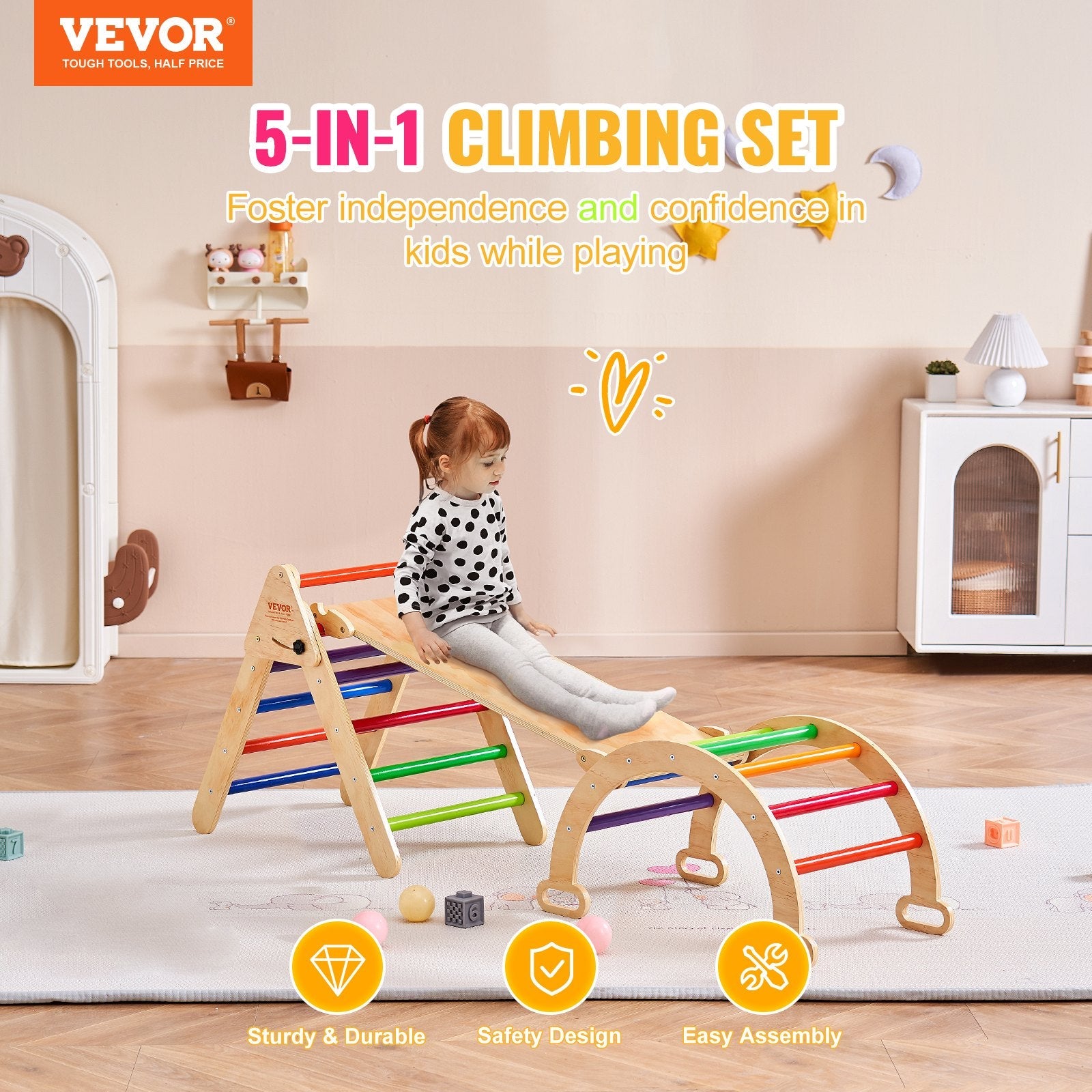 VEVOR Pikler Triangle Set, 5 in 1 Toddler Climbing Toys Indoor Playground, Montessori Climbing Set with Triangle, Ramp, and Arch, Medium Size Wooden Climbing Gym for Toddlers 1-3 Years, Colorful 