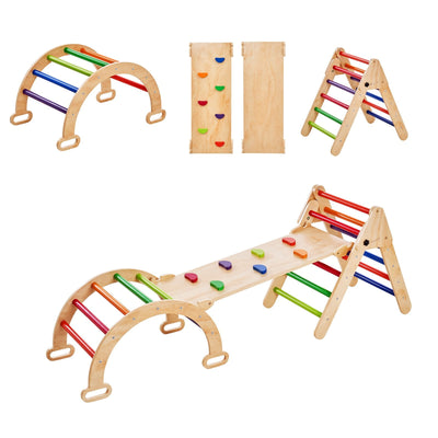 VEVOR Pikler Triangle Set, 5 in 1 Toddler Climbing Toys Indoor Playground, Montessori Climbing Set with Triangle, Ramp, and Arch, Medium Size Wooden Climbing Gym for Toddlers 1-3 Years, Colorful 