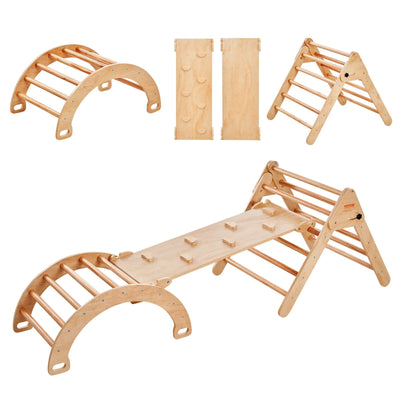 VEVOR Pikler Triangle Set, 5 in 1 Toddler Climbing Toys Indoor Playground, Montessori Climbing Set with Triangle, Ramp, and Arch, Large Size Wooden Climbing Gym for Toddlers 1-3 Years, Wood Color 