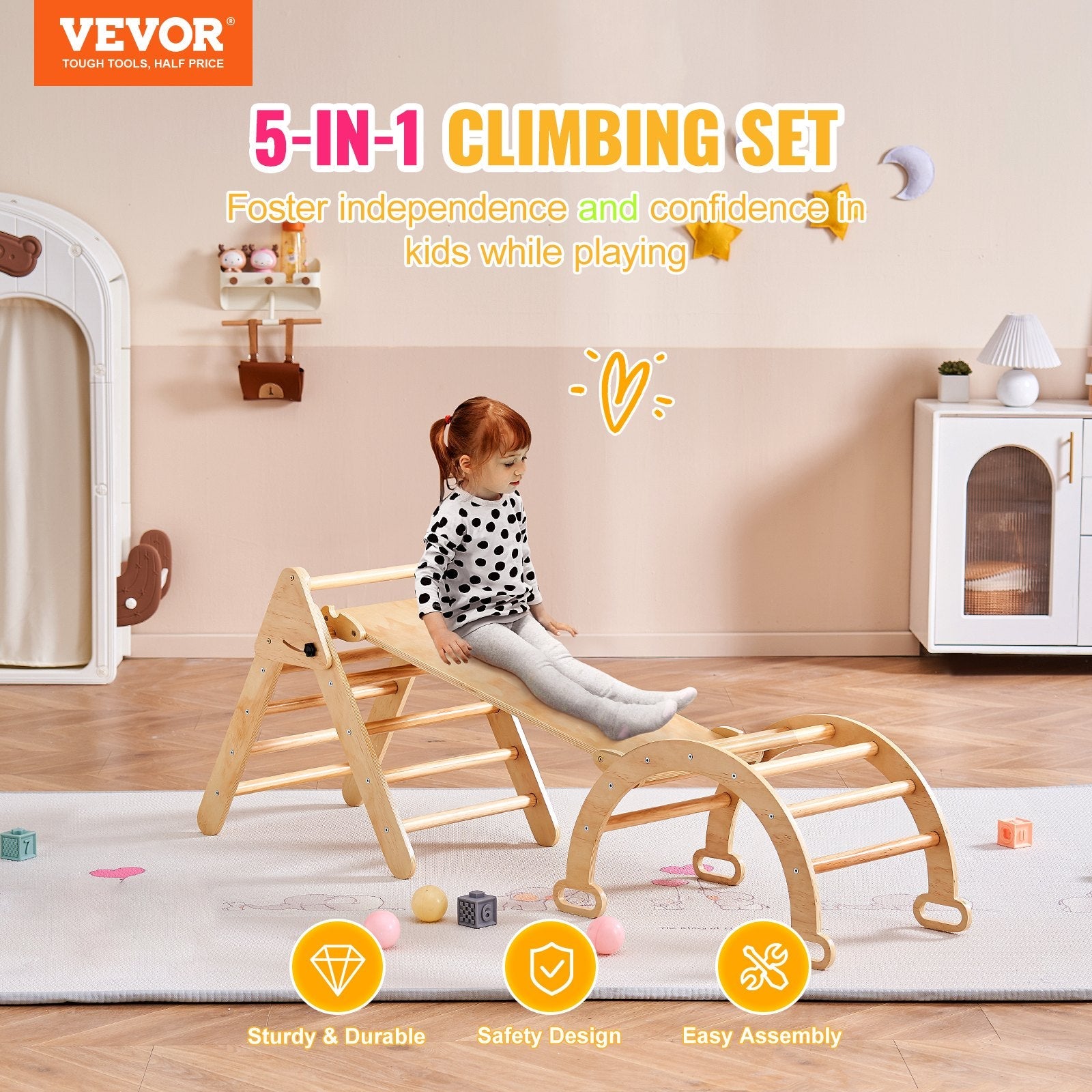 VEVOR Pikler Triangle Set, 5 in 1 Toddler Climbing Toys Indoor Playground, Montessori Climbing Set with Triangle, Ramp, and Arch, Medium Size Wooden Climbing Gym for Toddlers 1-3 Years, Wood Color 