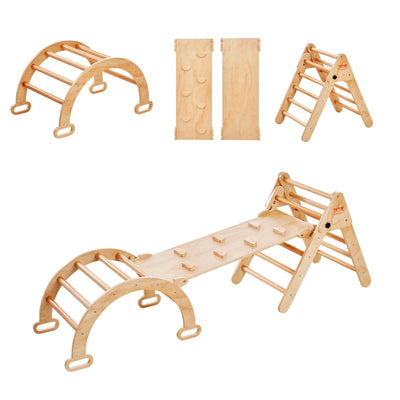 VEVOR Pikler Triangle Set, 5 in 1 Toddler Climbing Toys Indoor Playground, Montessori Climbing Set with Triangle, Ramp, and Arch, Medium Size Wooden Climbing Gym for Toddlers 1-3 Years, Wood Color 