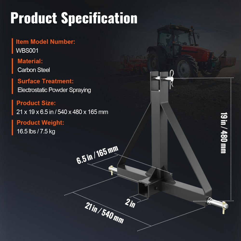 VEVOR 3 Point Hitch Receiver, 3 Point 2" Receiver Trailer Hitch Category 1 Tractor Tow Drawbar Adapter with Pins, Compatible with Kubota, Mahindra, Ford, Yanmar, John Deere, Massey Ferguson 