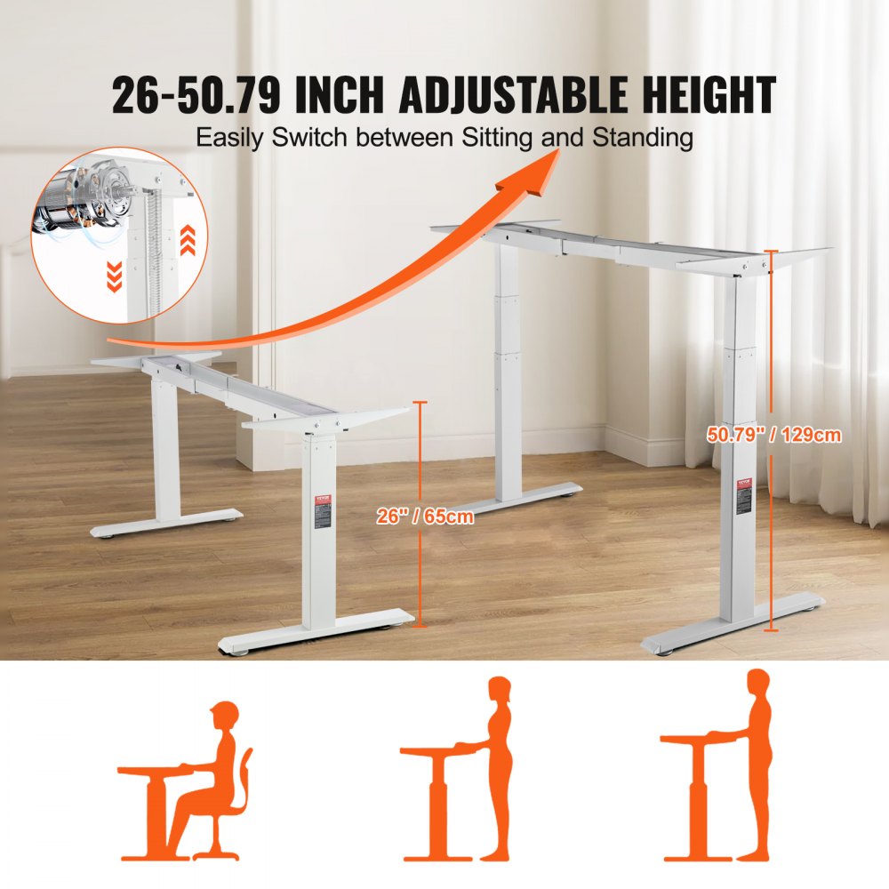 VEVOR Standing Desk Frame Dual Motor, Adjustable 26"-50.8" Height & 43.3"-70.1" Length Electric Stand Up Computer Desk Legs, Ergonomic DIY Workstation Base for Home Office 3 Positions (Frame Only) 