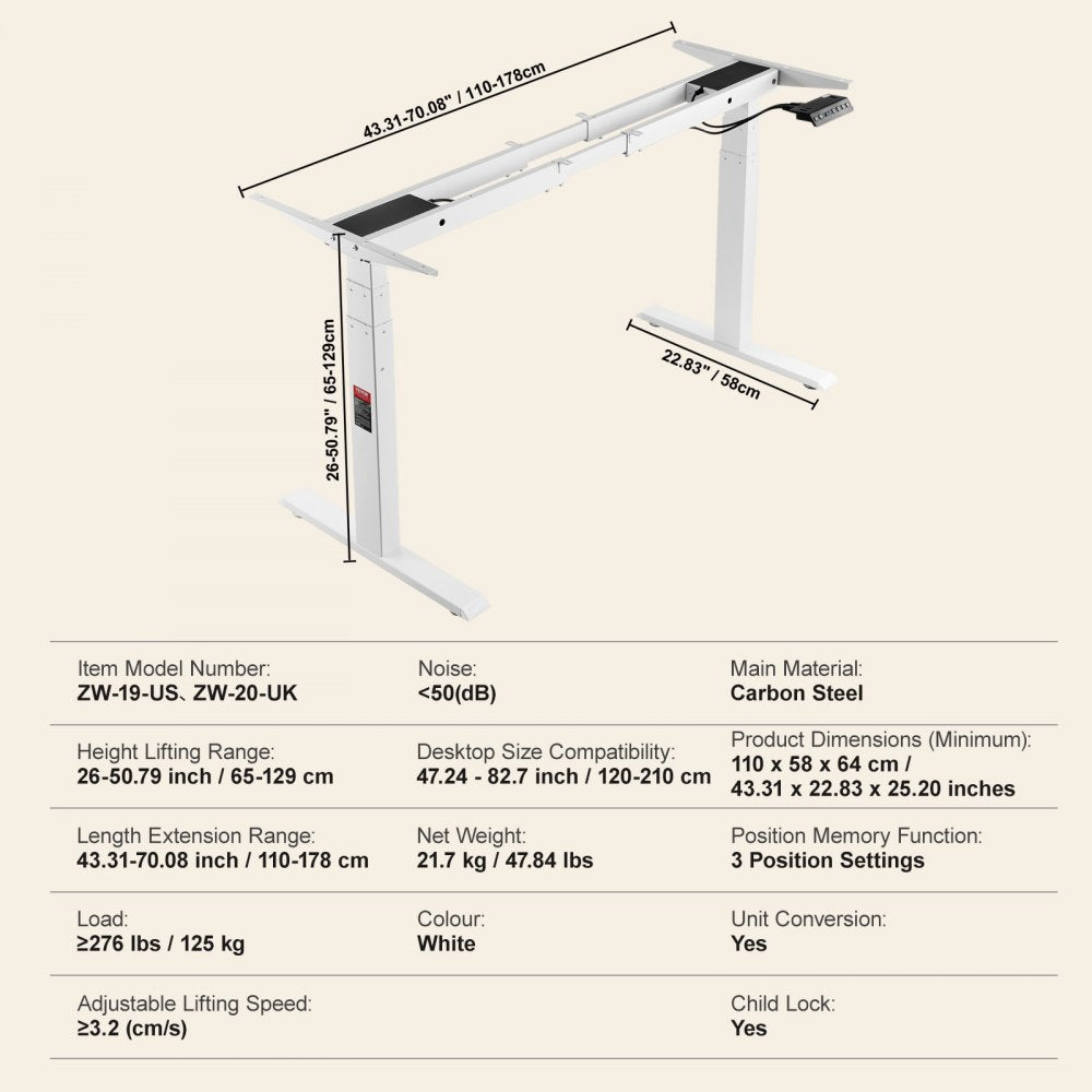 VEVOR Standing Desk Frame Dual Motor, Adjustable 26"-50.8" Height & 43.3"-70.1" Length Electric Stand Up Computer Desk Legs, Ergonomic DIY Workstation Base for Home Office 3 Positions (Frame Only) 