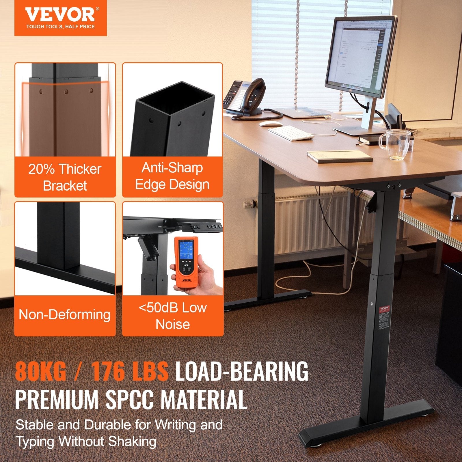 VEVOR Standing Desk Frame, Adjustable 27.6-46.1 inch Height & 35.4-53.2 inch Length Electric Stand Up Computer Desk Legs, Ergonomic DIY Workstation Base for Home and Office (Black Frame Only) 