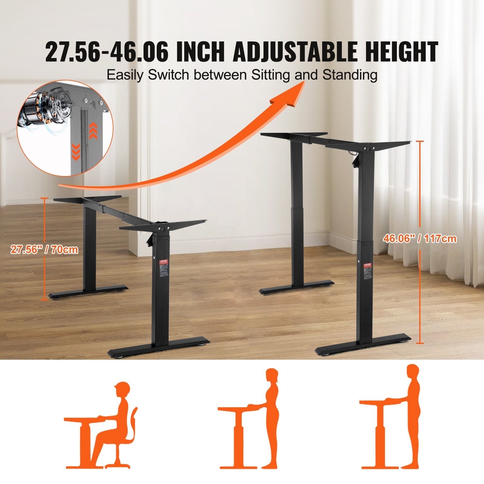 VEVOR Standing Desk Frame, Adjustable 27.6-46.1 inch Height & 35.4-53.2 inch Length Electric Stand Up Computer Desk Legs, Ergonomic DIY Workstation Base for Home and Office (Black Frame Only) 
