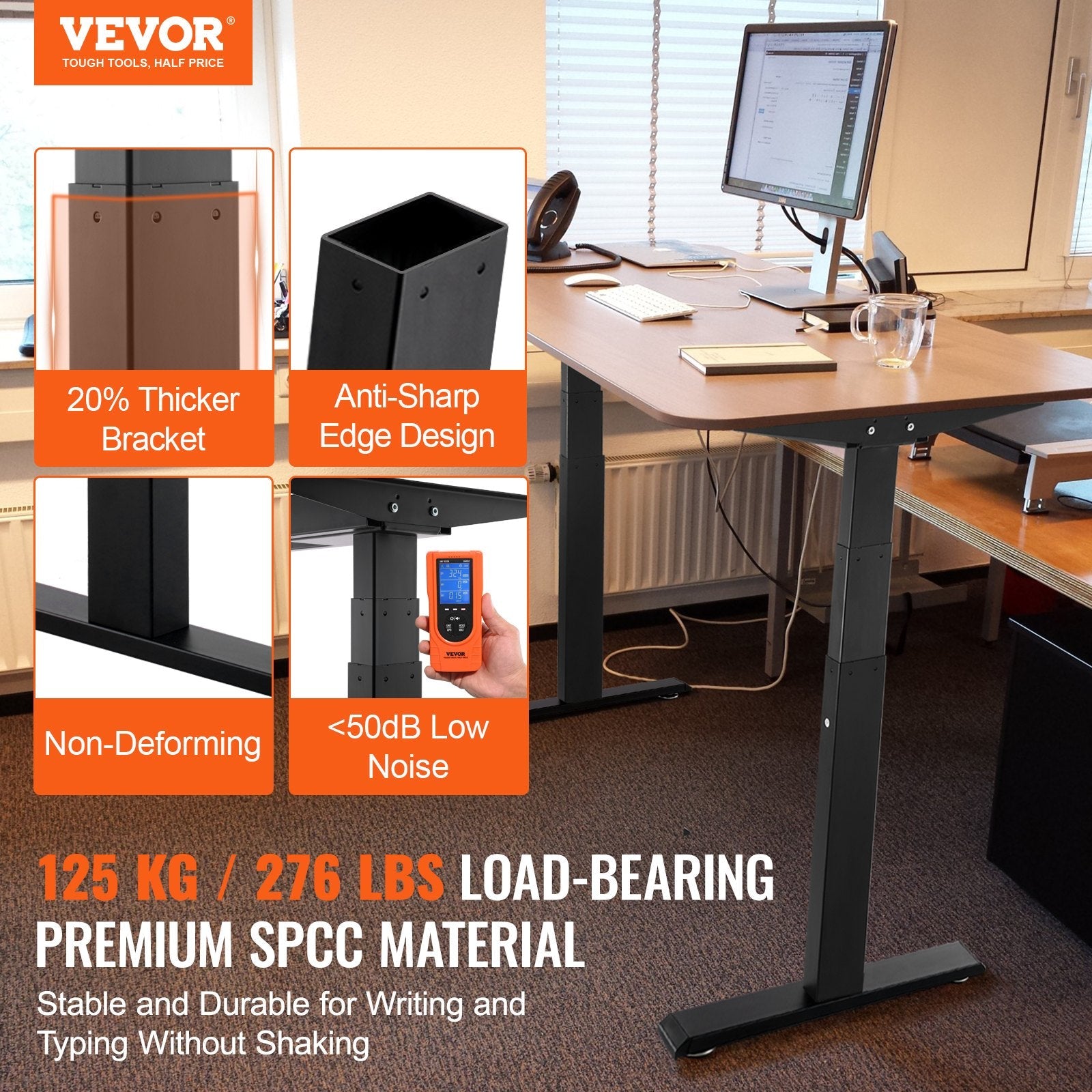 VEVOR Standing Desk Frame Dual Motor, Adjustable 26"-50.8" Height & 43.3"-70.1" Length Electric Stand Up Computer Desk Legs, Ergonomic Workstation Base for Home Office 3 Positions (Black Frame Only) 