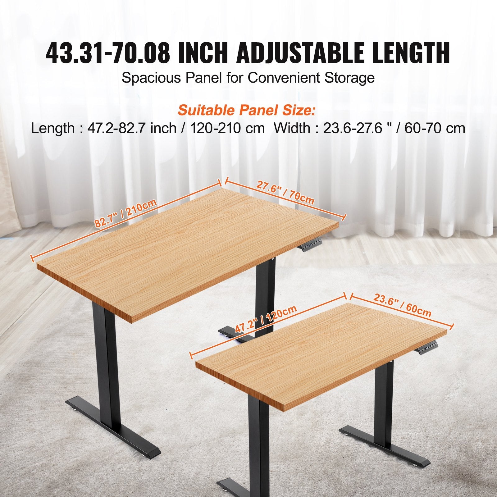 VEVOR Standing Desk Frame Dual Motor, Adjustable 26"-50.8" Height & 43.3"-70.1" Length Electric Stand Up Computer Desk Legs, Ergonomic Workstation Base for Home Office 3 Positions (Black Frame Only) 