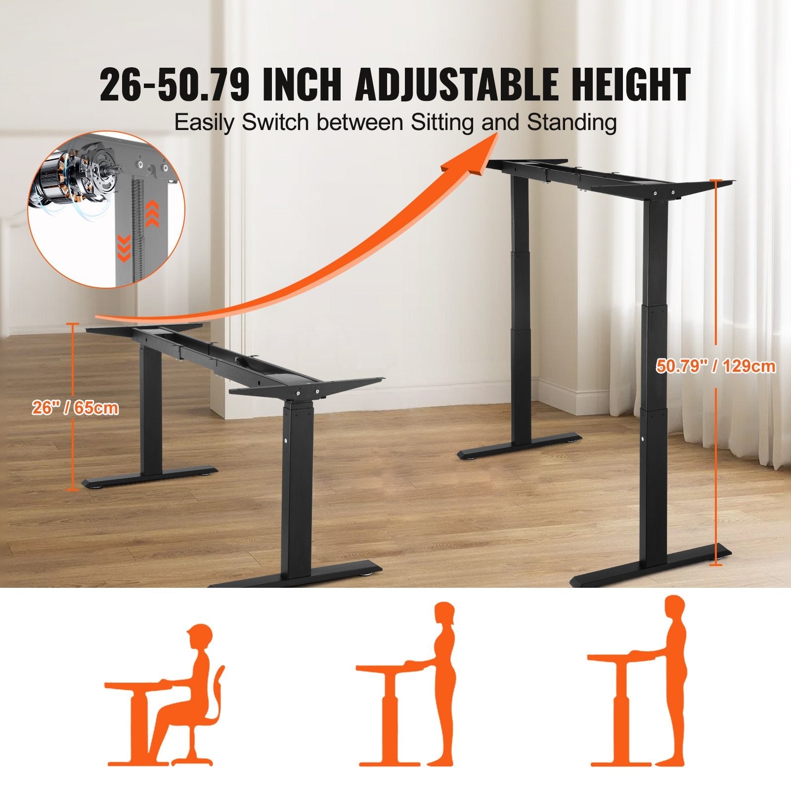 VEVOR Standing Desk Frame Dual Motor, Adjustable 26"-50.8" Height & 43.3"-70.1" Length Electric Stand Up Computer Desk Legs, Ergonomic Workstation Base for Home Office 3 Positions (Black Frame Only) 