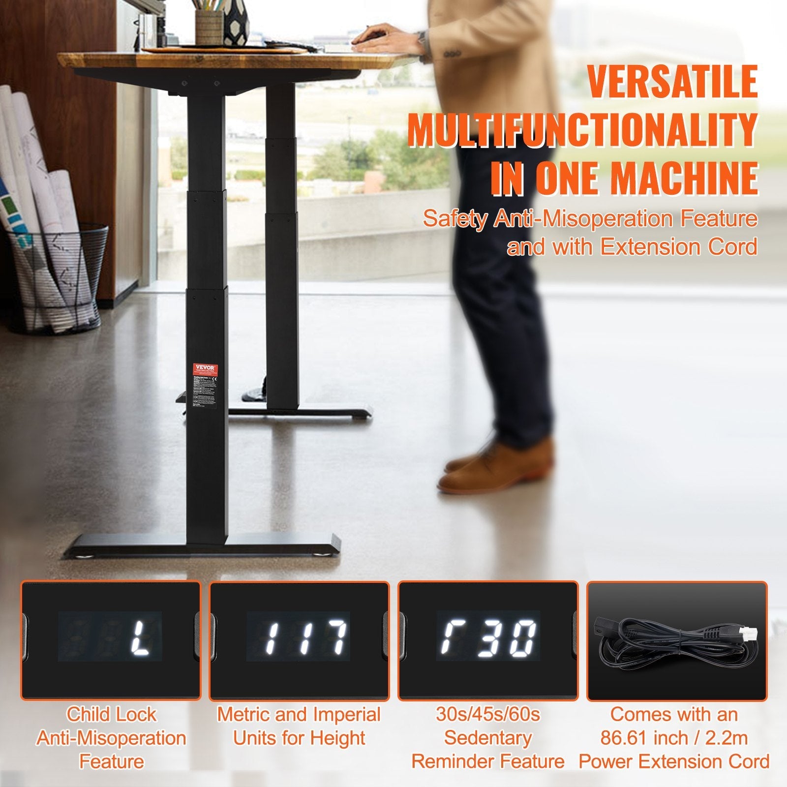 VEVOR Standing Desk Frame Dual Motor, Adjustable 26"-50.8" Height & 43.3"-70.1" Length Electric Stand Up Computer Desk Legs, Ergonomic Workstation Base for Home Office 3 Positions (Black Frame Only) 