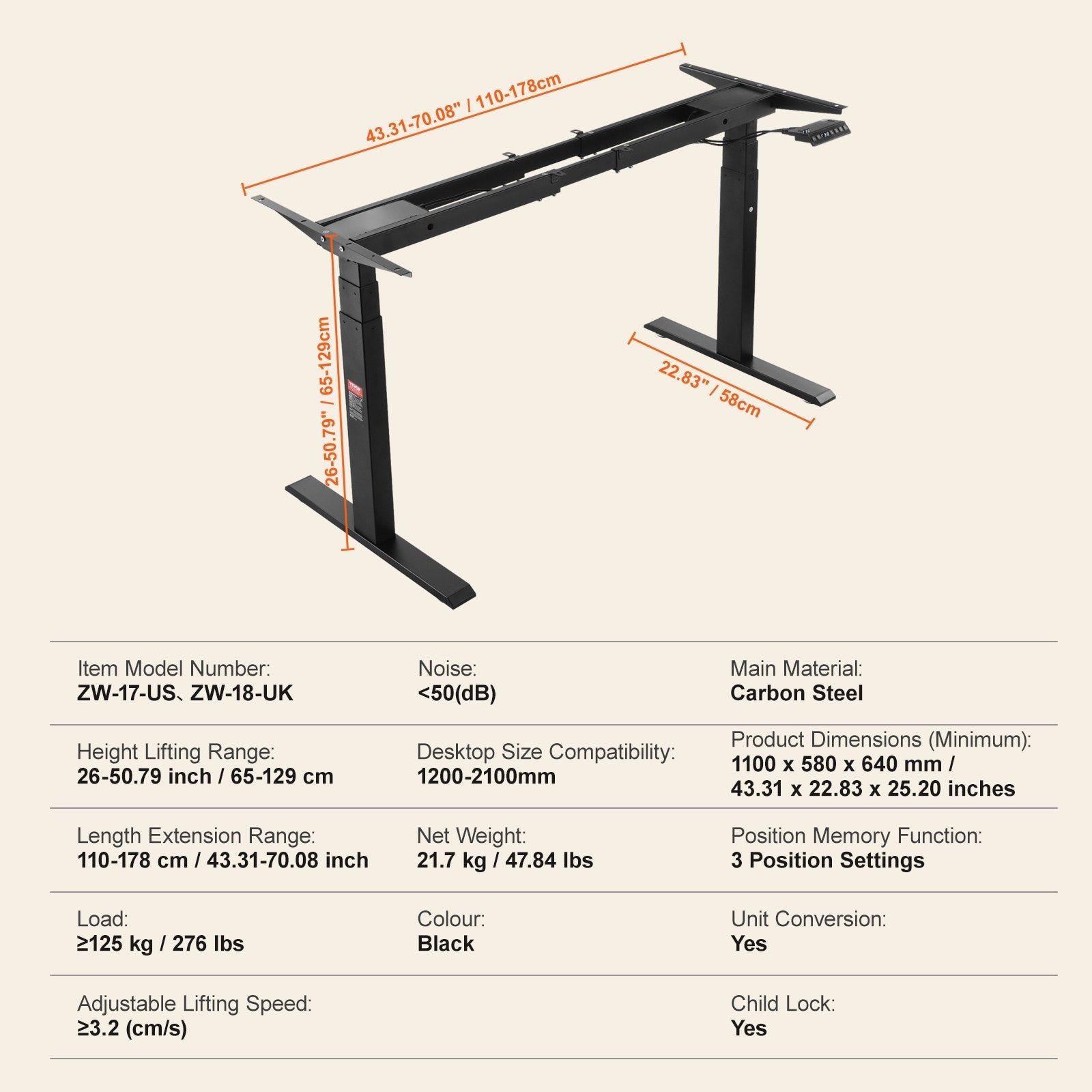VEVOR Standing Desk Frame Dual Motor, Adjustable 26"-50.8" Height & 43.3"-70.1" Length Electric Stand Up Computer Desk Legs, Ergonomic Workstation Base for Home Office 3 Positions (Black Frame Only) 