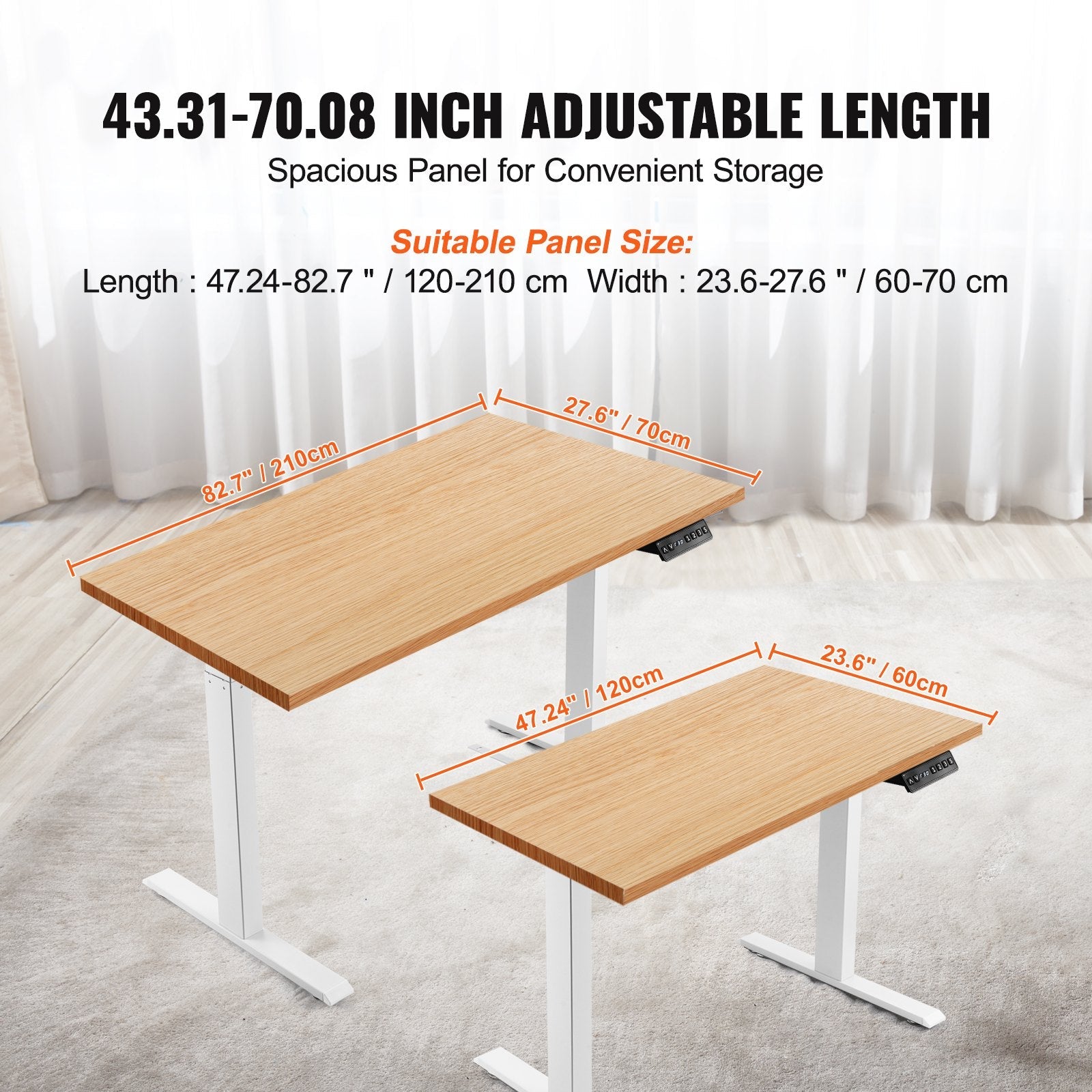 VEVOR Standing Desk Frame Dual Motor, Adjustable 27.6"-46.1" Height & 43.3"-70.1" Length Electric Stand Up Computer Desk Legs, Ergonomic DIY Workstation Base for Home and Office (White Frame Only) 