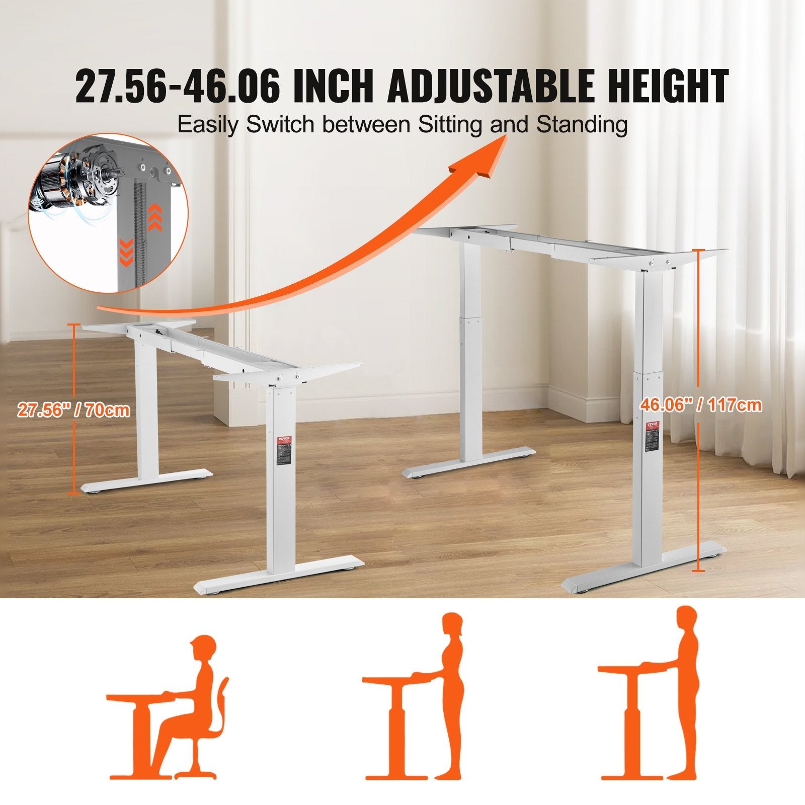 VEVOR Standing Desk Frame Dual Motor, Adjustable 27.6"-46.1" Height & 43.3"-70.1" Length Electric Stand Up Computer Desk Legs, Ergonomic DIY Workstation Base for Home and Office (White Frame Only) 