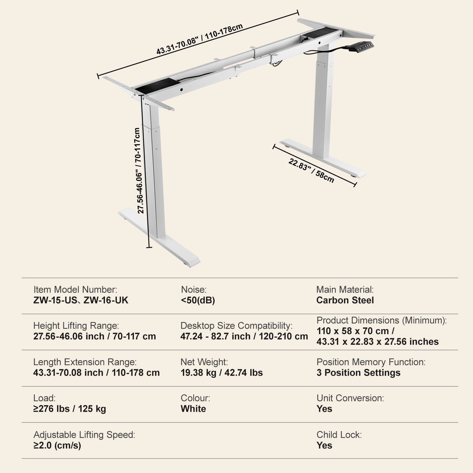 VEVOR Standing Desk Frame Dual Motor, Adjustable 27.6"-46.1" Height & 43.3"-70.1" Length Electric Stand Up Computer Desk Legs, Ergonomic DIY Workstation Base for Home and Office (White Frame Only) 