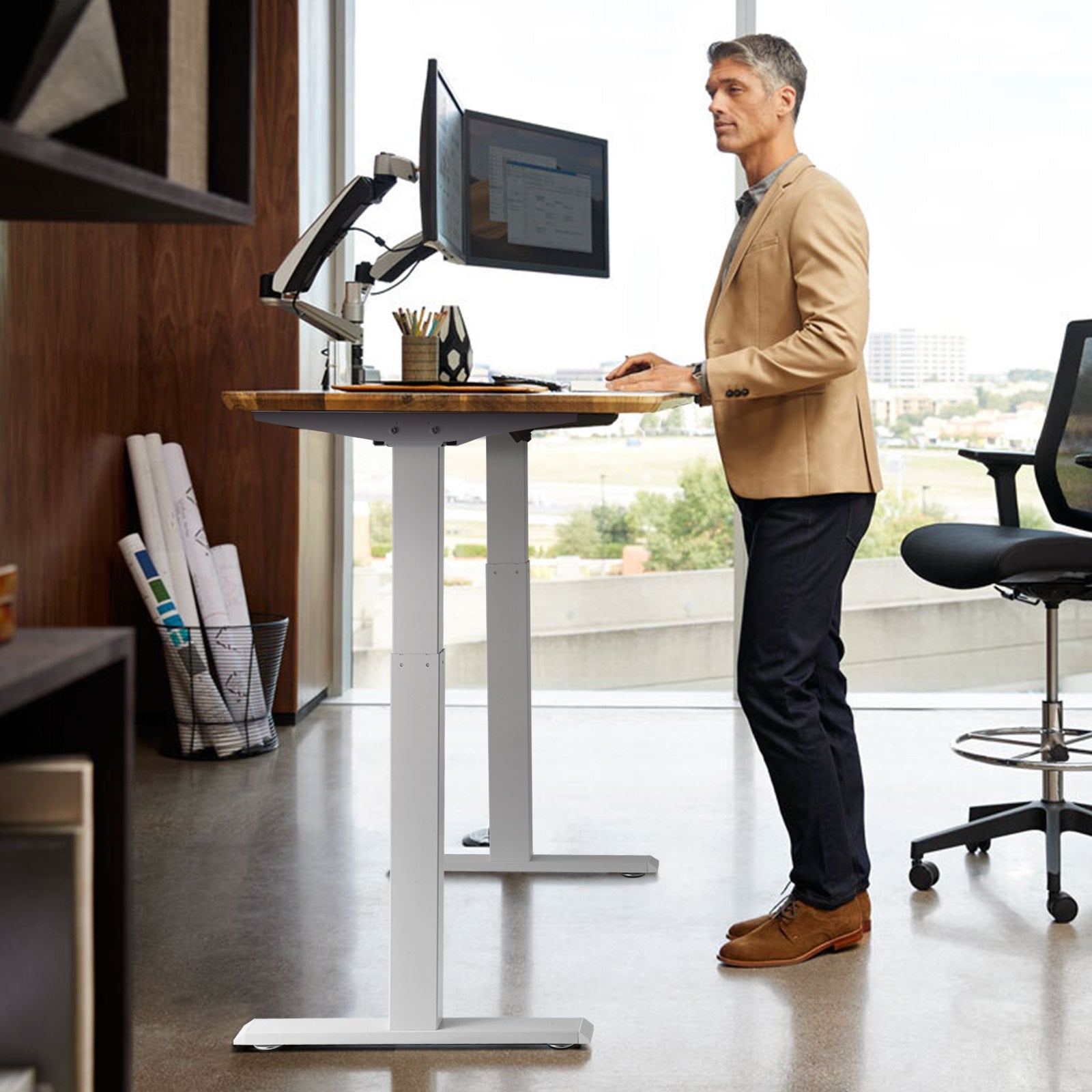 VEVOR Standing Desk Frame Dual Motor, Adjustable 27.6"-46.1" Height & 43.3"-70.1" Length Electric Stand Up Computer Desk Legs, Ergonomic DIY Workstation Base for Home and Office (White Frame Only) 