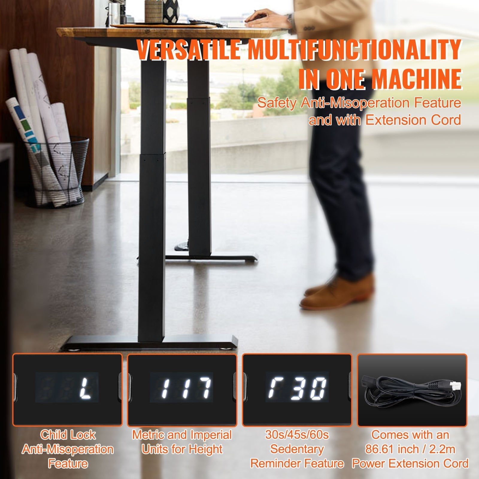 VEVOR Standing Desk Frame Dual Motor, Adjustable 27.6"-46.1" Height & 43.3"-70.1" Length Electric Stand Up Computer Desk Legs, Ergonomic DIY Workstation Base for Home and Office (Black Frame Only) 