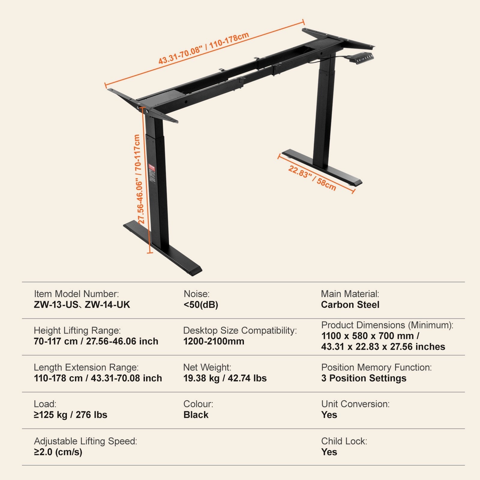 VEVOR Standing Desk Frame Dual Motor, Adjustable 27.6"-46.1" Height & 43.3"-70.1" Length Electric Stand Up Computer Desk Legs, Ergonomic DIY Workstation Base for Home and Office (Black Frame Only) 