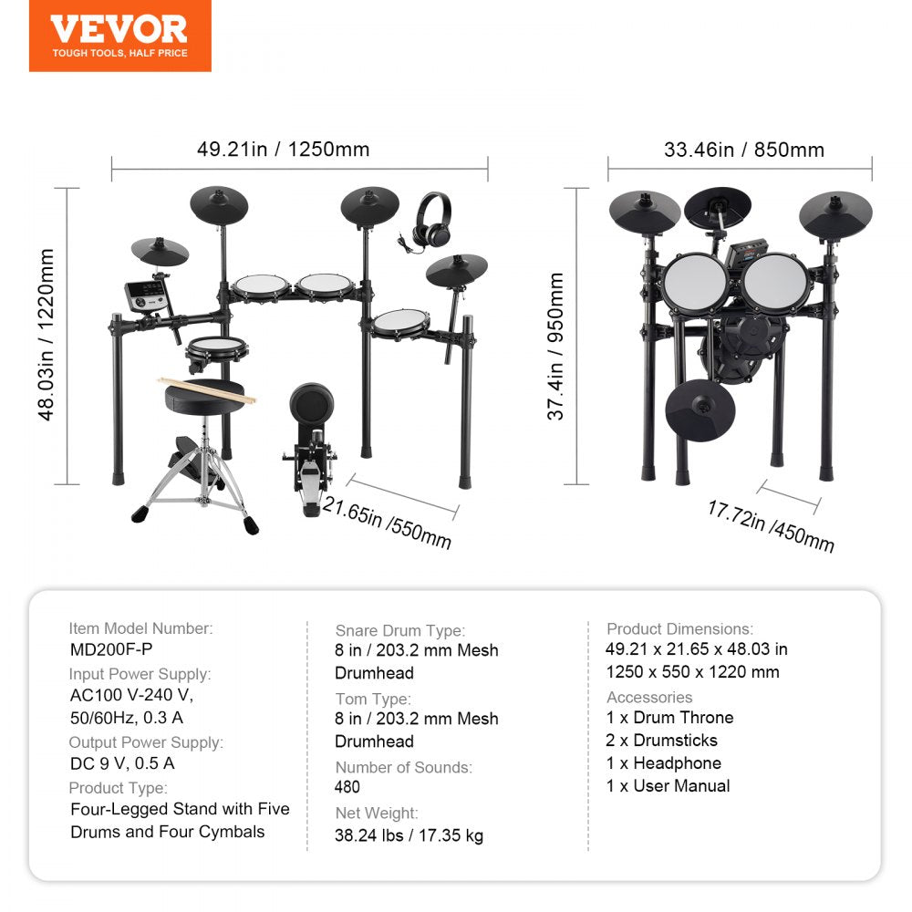 VEVOR Electric Drum Set Electronic Drum Kit 480 Sounds for Beginners & Adults 