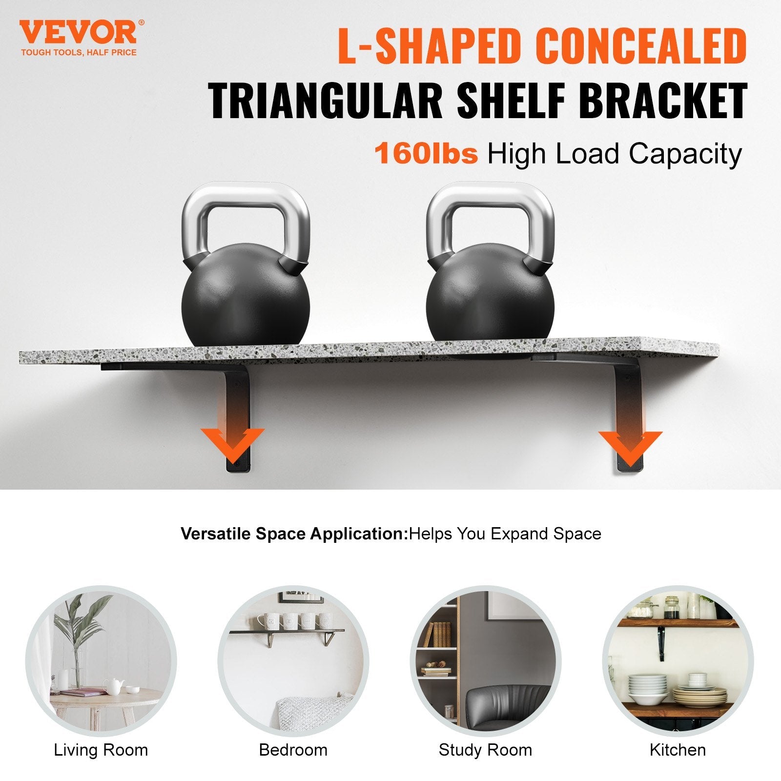 VEVOR Shelf Bracket, 16 x 6 in 4 Pcs, Heavy Duty Floating Shelf Brackets, Brackets for Shelves, 10mm Thick Matte Black L Shelf Bracket,Steel Shelving Brackets with 160 lbs Load Capacity 