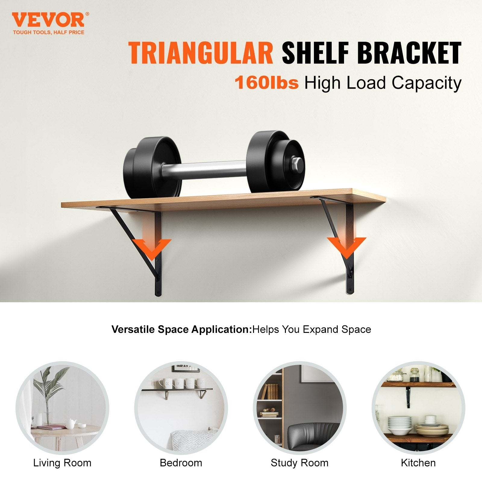 VEVOR Shelf Bracket, 12 x 8 in 10 Pcs, Heavy Duty Floating Shelf Brackets, Brackets for Shelves, 3mm Thick Matte Black Triangle Shelf Bracket,Steel Shelving Brackets with 160 lbs Load Capacity 