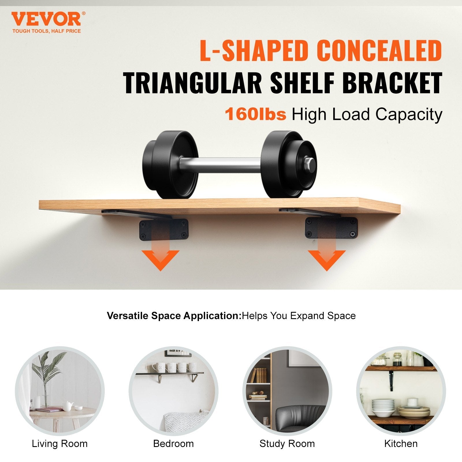 VEVOR Shelf Bracket, 6”L x 4”W x 1.6”H 6 Pcs, Heavy Duty Floating Shelf Brackets, Brackets for Shelves, 5mm Thick Matte Black L Shelf Bracket,Steel Shelving Brackets with 160 lbs Load Capacity 