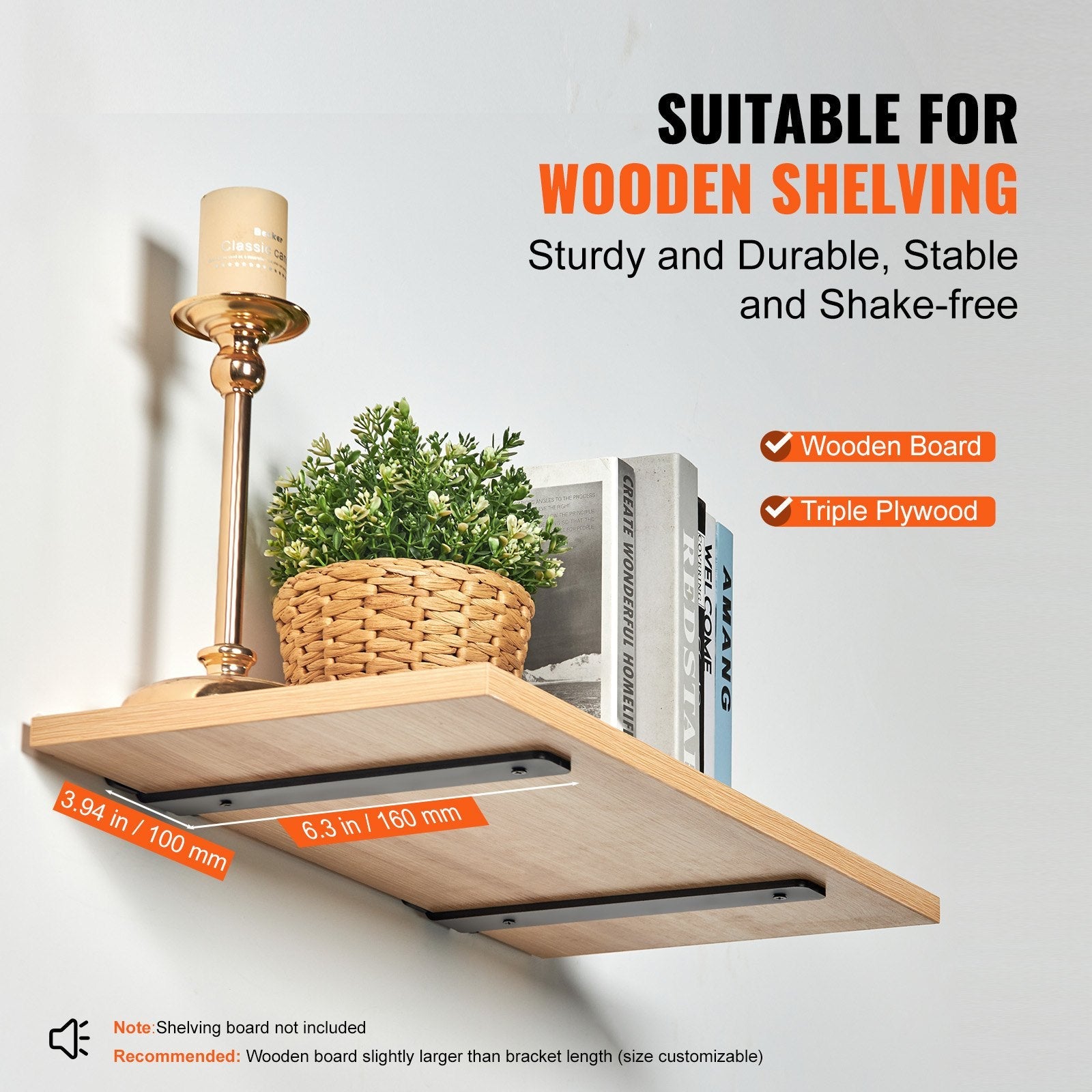 VEVOR Shelf Bracket, 6”L x 4”W x 1.6”H 6 Pcs, Heavy Duty Floating Shelf Brackets, Brackets for Shelves, 5mm Thick Matte Black L Shelf Bracket,Steel Shelving Brackets with 160 lbs Load Capacity 