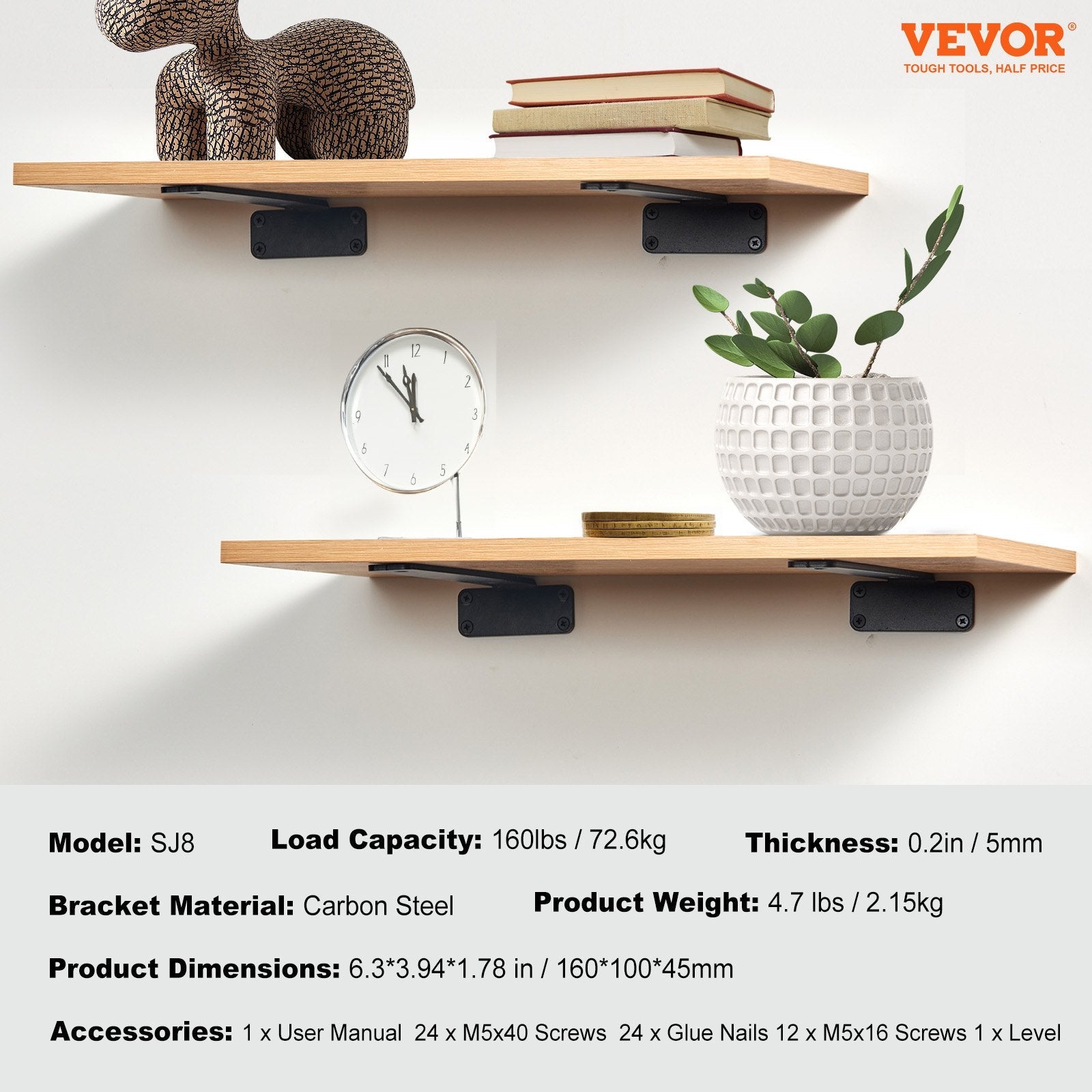 VEVOR Shelf Bracket, 6”L x 4”W x 1.6”H 6 Pcs, Heavy Duty Floating Shelf Brackets, Brackets for Shelves, 5mm Thick Matte Black L Shelf Bracket,Steel Shelving Brackets with 160 lbs Load Capacity 
