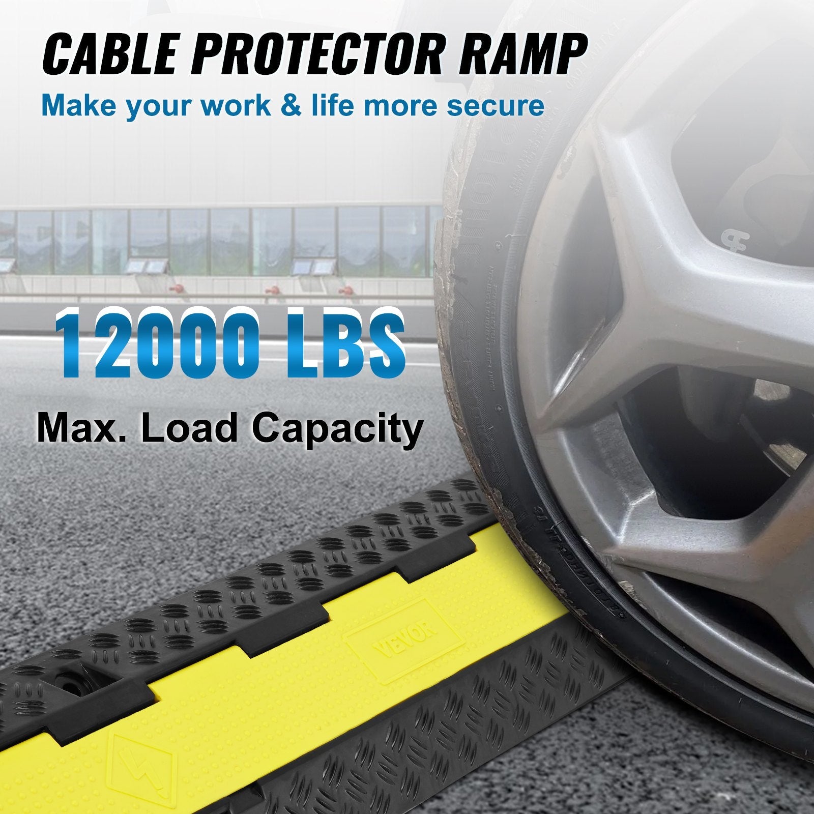 VEVOR 3 PCs Rubber Cable Protector Ramp, 2 Channel, 12000 lbs/axle Capacity Heavy Duty Hose Wire Cover Ramp Driveway, Traffic Speed Bump with Flip-Open Top Cover & 50 ft Warning Tape, for Indoor&Outdo 