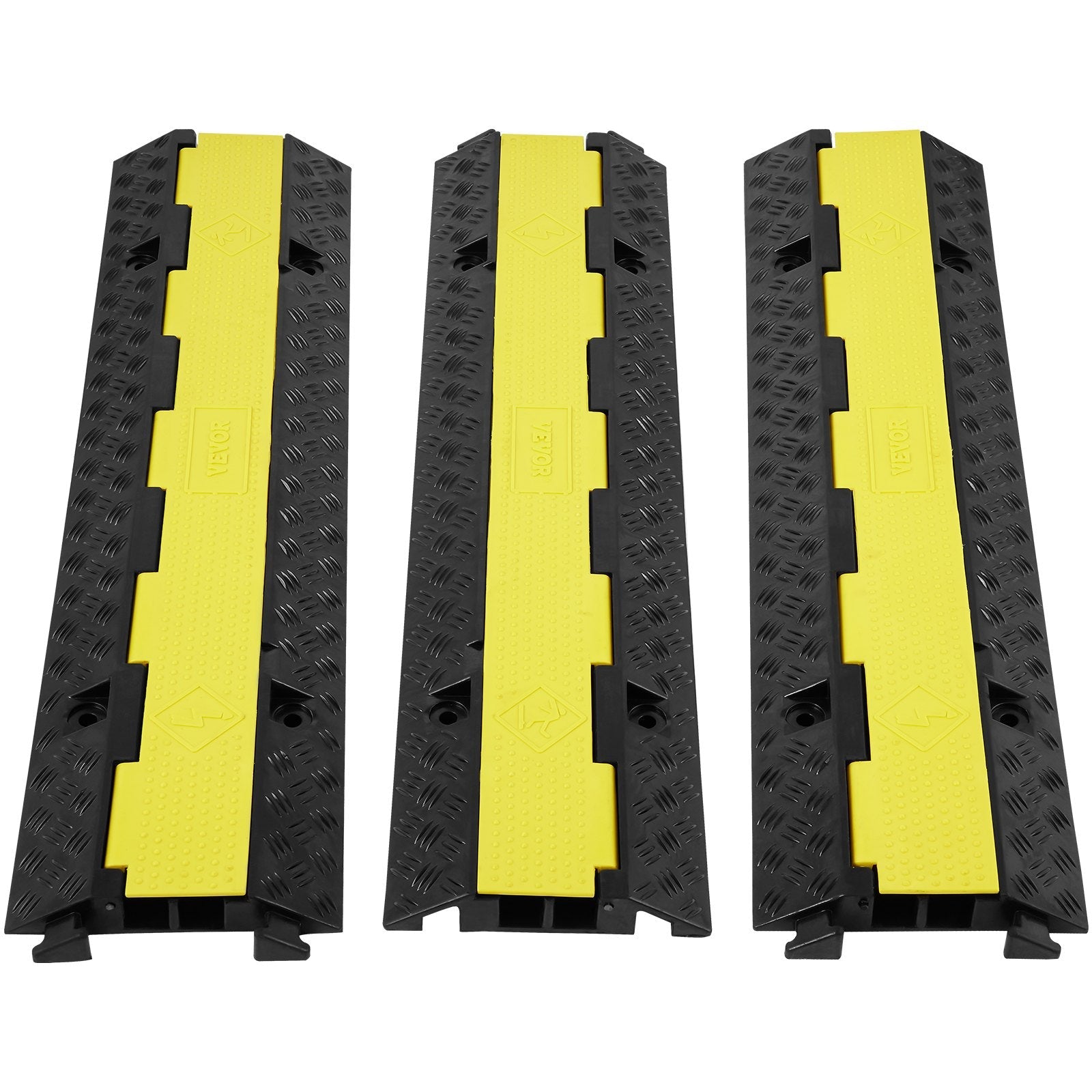 VEVOR 3 PCs Rubber Cable Protector Ramp, 2 Channel, 12000 lbs/axle Capacity Heavy Duty Hose Wire Cover Ramp Driveway, Traffic Speed Bump with Flip-Open Top Cover & 50 ft Warning Tape, for Indoor&Outdo 