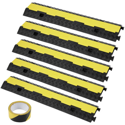 VEVOR 5 PCs Rubber Cable Protector Ramp, 2 Channel, 12000 lbs/axle Capacity Heavy Duty Hose Wire Cover Ramp Driveway, Traffic Speed Bump with Flip-Open Top Cover & 50 ft Warning Tape, for Indoor&Outdo 